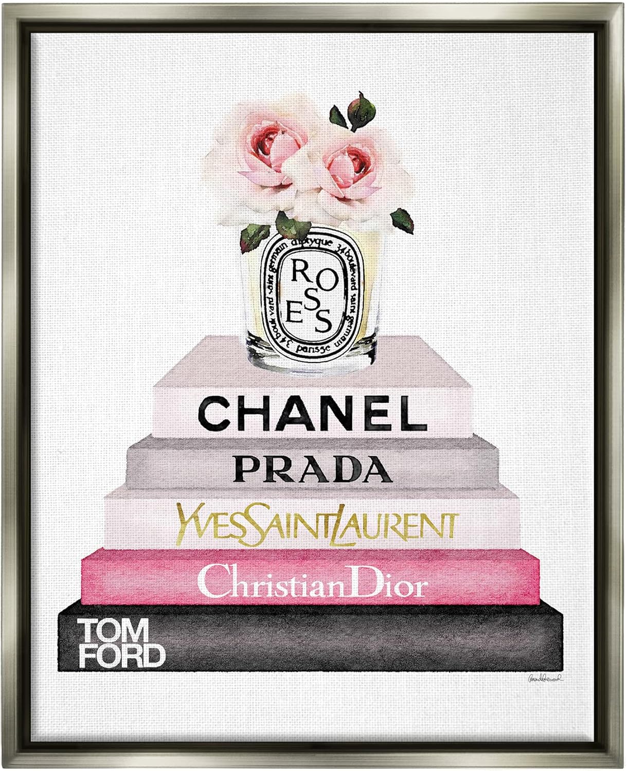 Stupell Industries Book Stack Fashion Candle Pink Rose, diseño de Amanda Greenwood