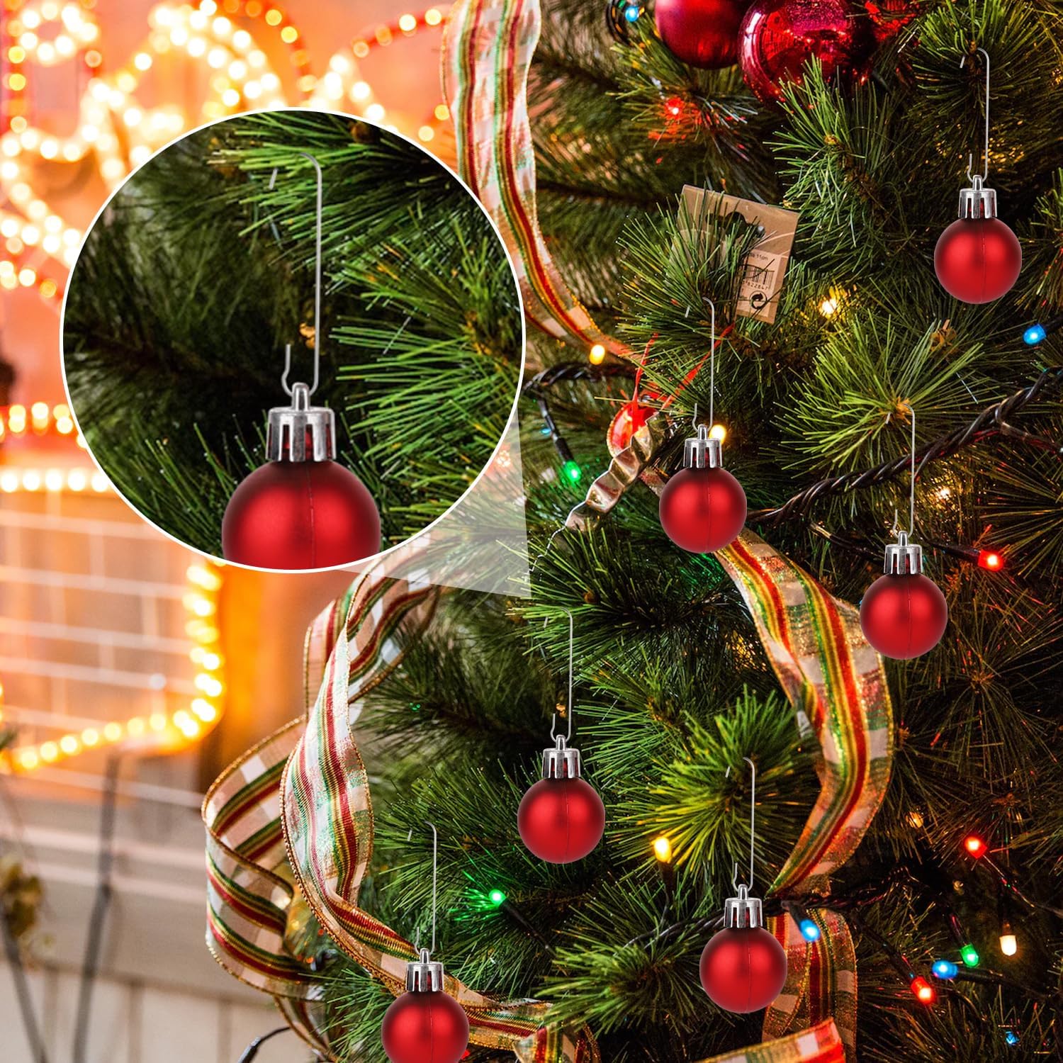 200 ganchos para adornos de Navidad, 2.4 x 0.5 pulgadas, ganchos para adornos de árbol de Navidad en forma de C con caja de almacenamiento, ganchos