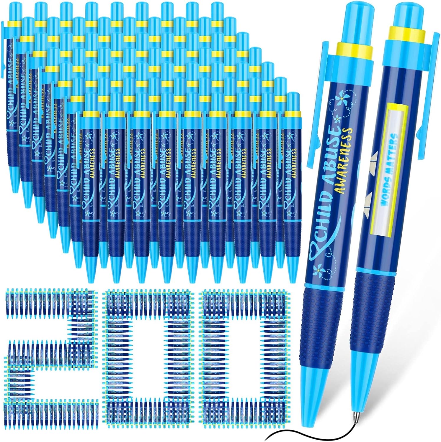 TaoBary 200 bolígrafos de concientización sobre el abuso infantil a granel, cinta azul, bolígrafos retráctiles, tinta negra de 0.039 pulgadas (0.039