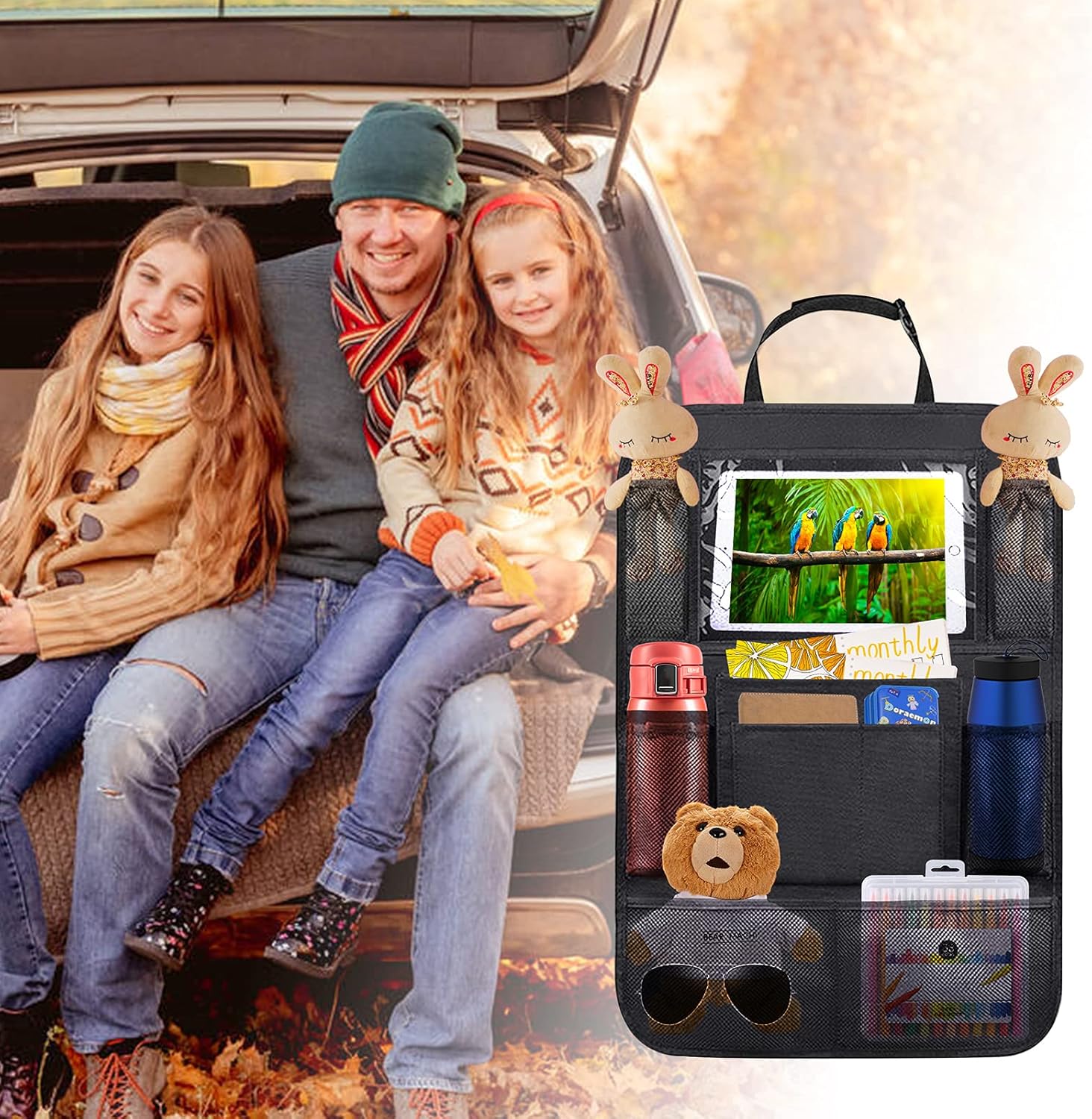 Bolsa de almacenamiento para automóvil, organizador de asiento trasero de tela Oxford, protector de asiento trasero antipatadas, alfombrillas con