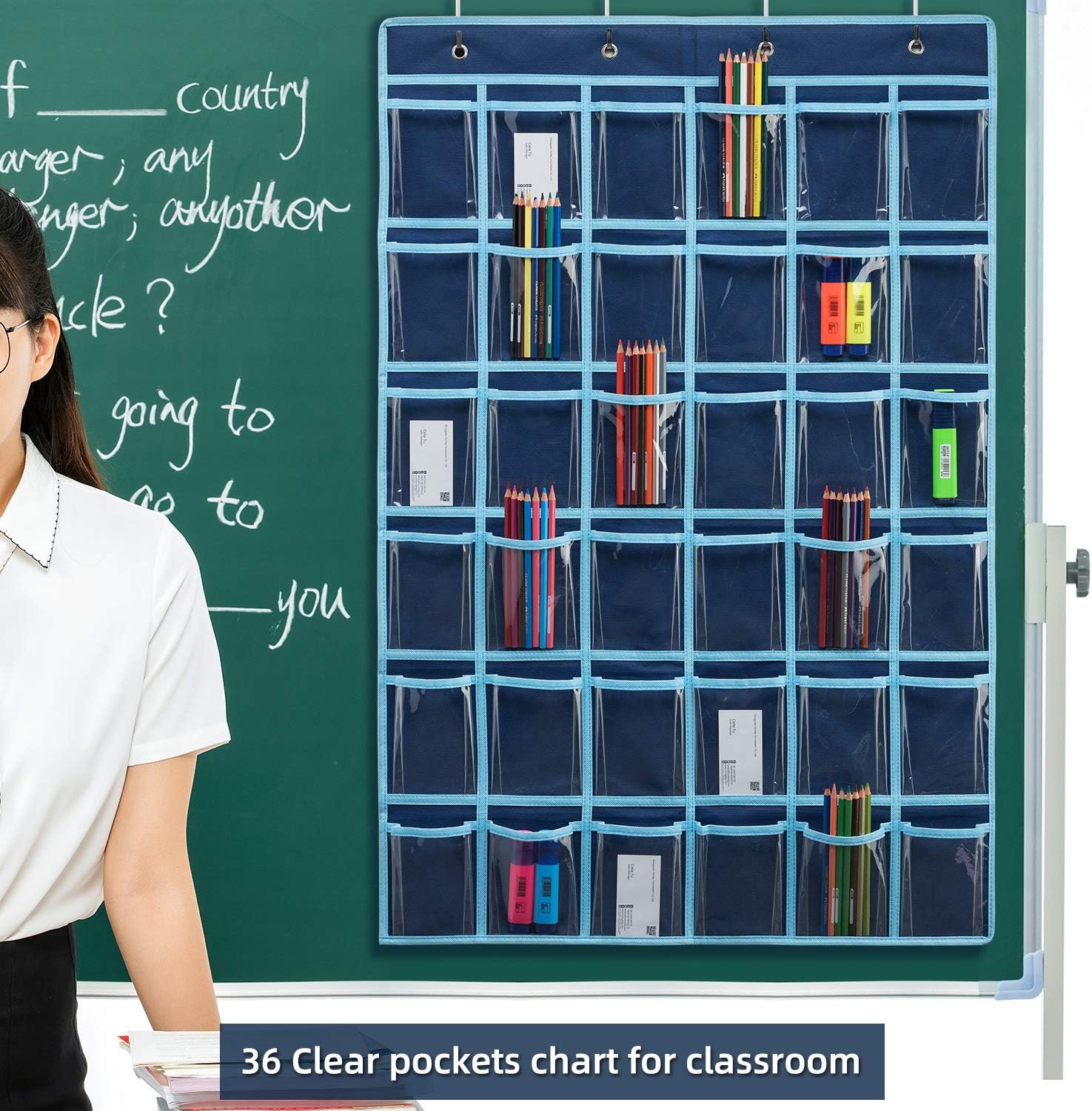 SAVERHO 36 bolsillos transparentes para el aula para teléfono celular y soporte para calculadora, bolsillo para colgar en la puerta del aula con