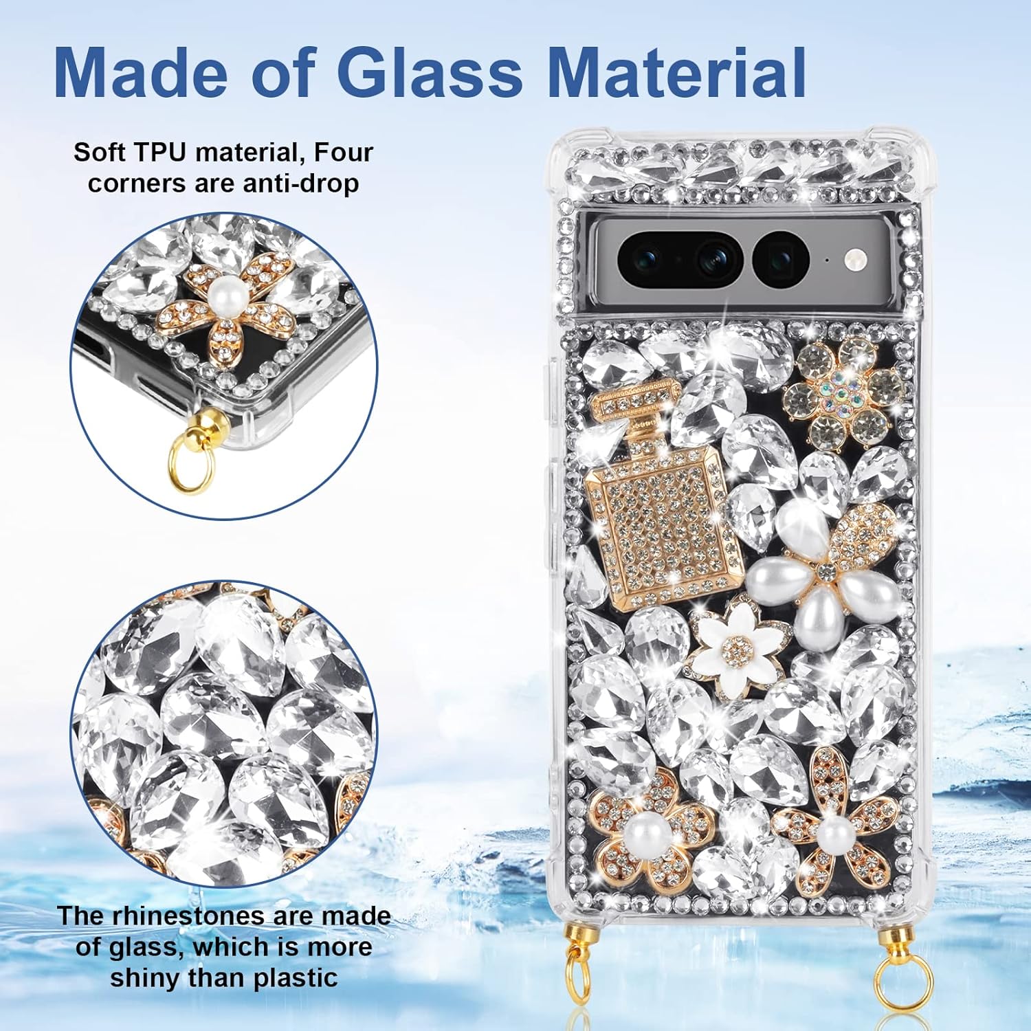 Leiju Case Funda para Google Pixel 7 con diseño de correa con purpurina, 3D hecha a mano con piedras brillantes de cristal y diamantes brillantes