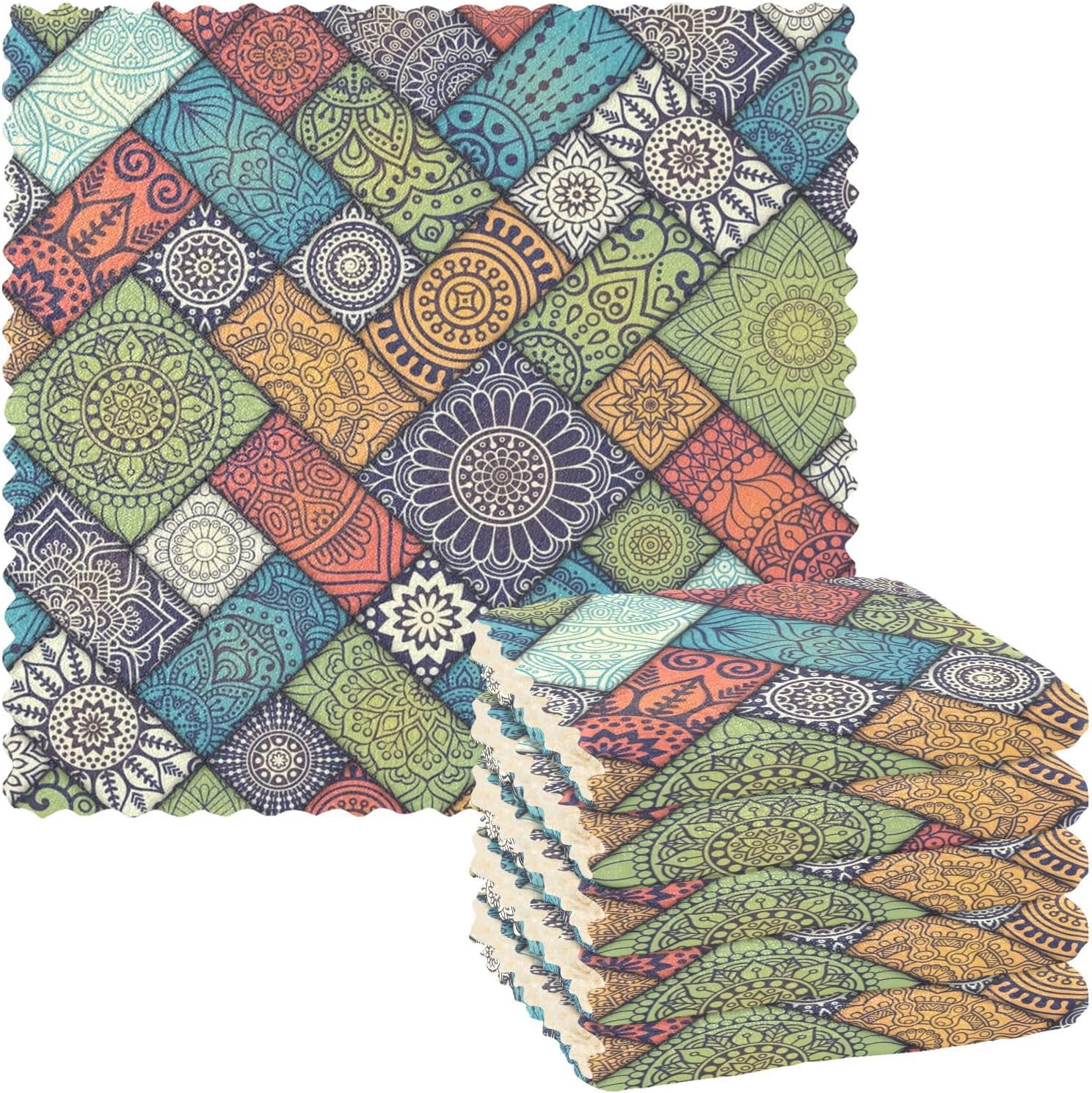 Jihqo Juego de 6 paños de cocina con diseño de mandala verde, reutilizables, suaves y absorbentes, paños de cocina de 11 x 11 pulgadas para