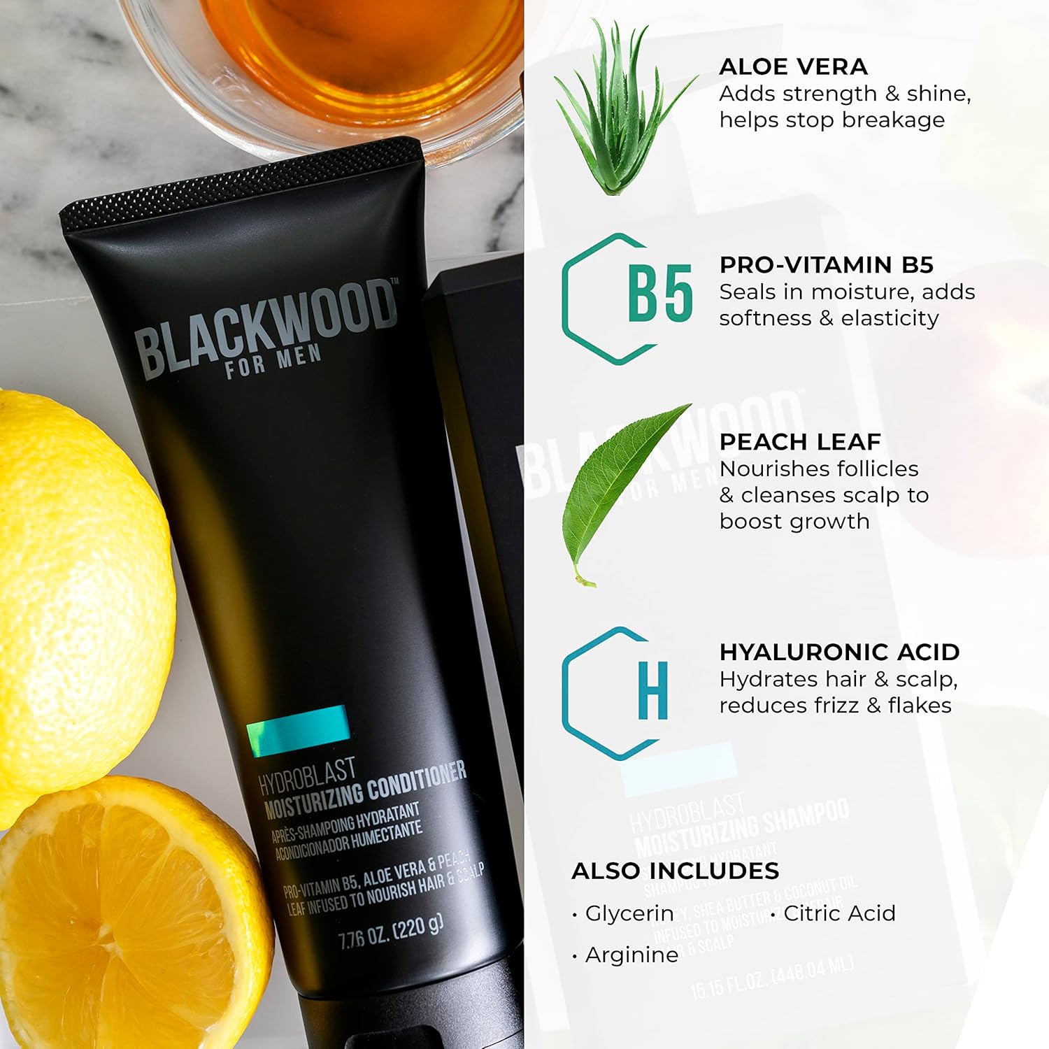 BLACKWOOD FOR MEN Hydroblast – Champú hidratante (17 onzas) y acondicionador (7.76 onzas), vegano y natural para cabello rizado y grueso, sin