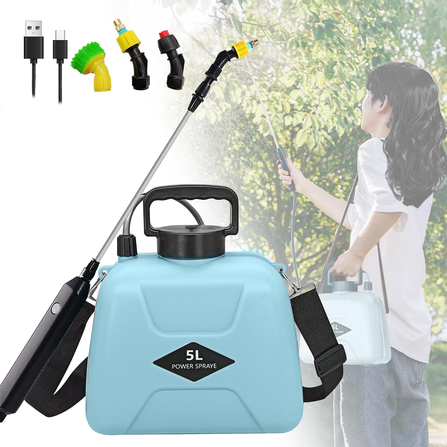 Pulverizador eléctrico a batería, 1.35 galón5L con 3 boquillas de niebla, rociador de jardín con mango recargable USB y varita retráctil, correa de