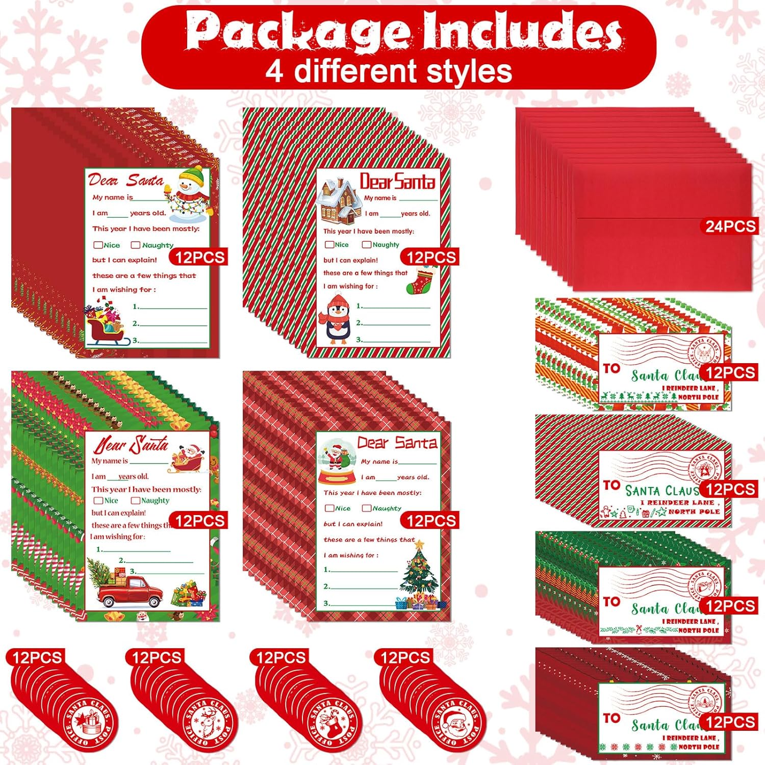 Kit oficial de 192 piezas de carta a Papá Noel, incluye 48 tarjetas de Navidad con 48 sobres rojos a juego, 48 sellos, 48 calcomanías de 5 x 7
