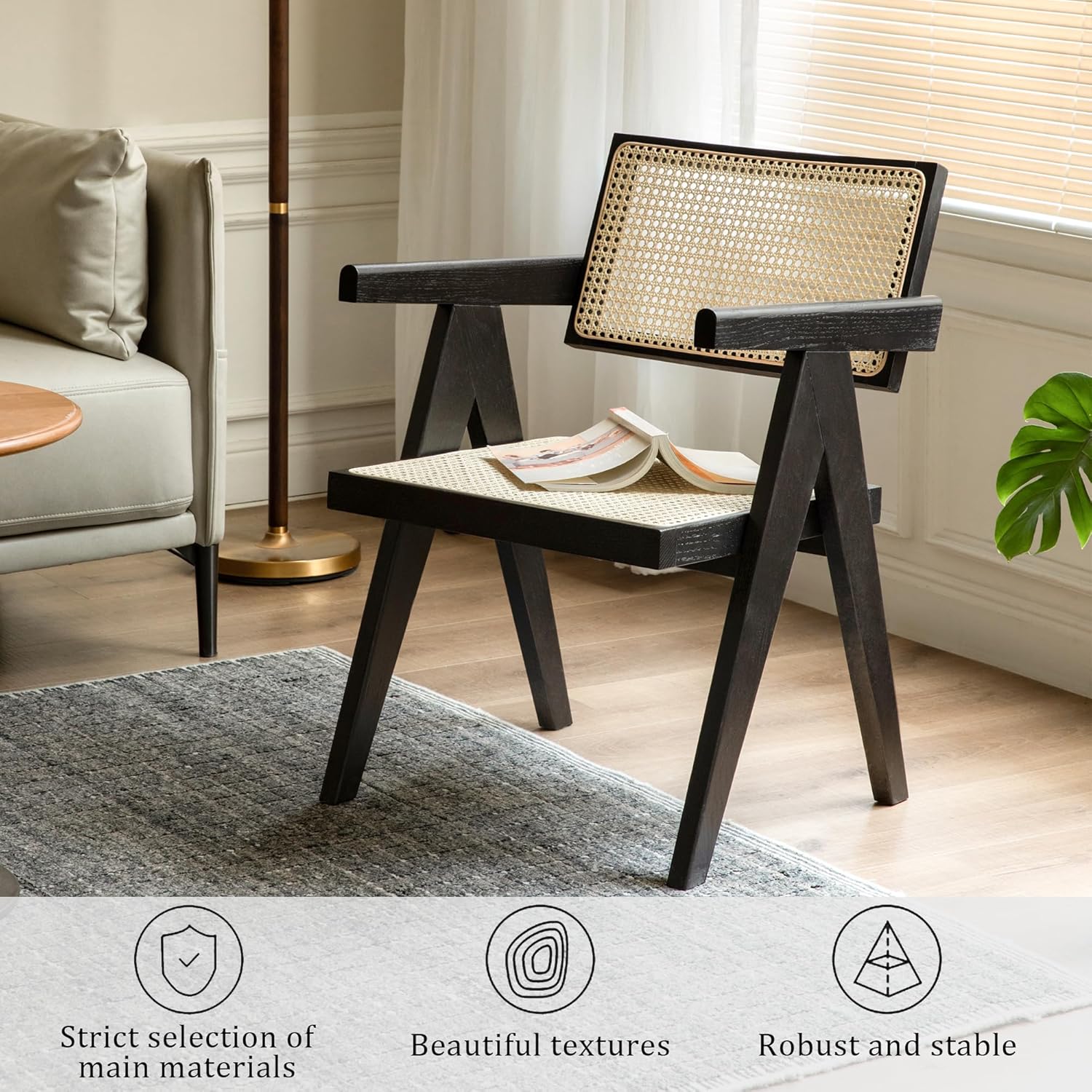 Silla ahumada de roble, diseño clásico moderno, patas en V resistentes, respaldo de ratán, ideal para comedor y sala de estar