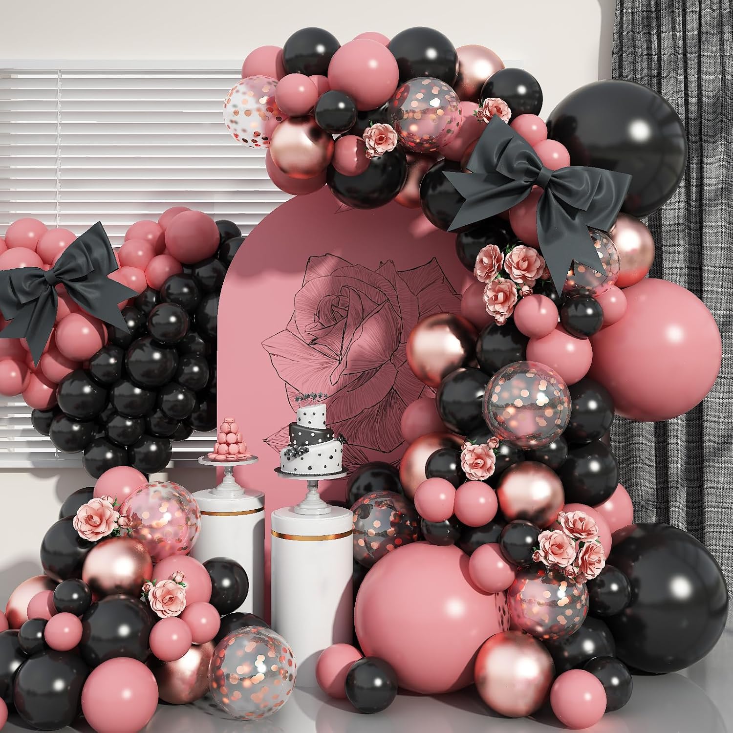 Kit de arco de globos de color rosa polvoriento y negro, 112 guirnaldas de globos de oro rosa rosa y negro con confeti dorado rosa metálico, globos
