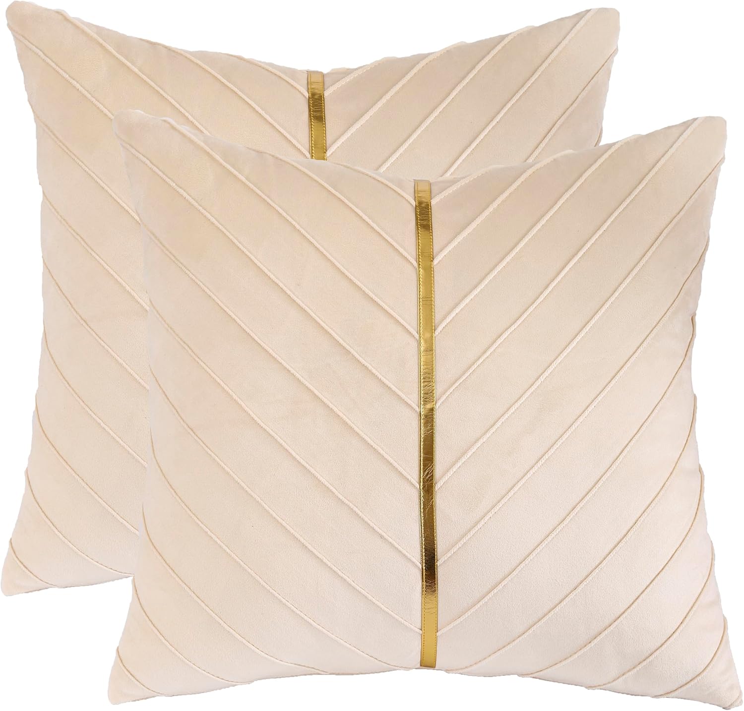 Tosleo Juego de 2 fundas de almohada de terciopelo color crema de 16 x 16 pulgadas con cuero dorado, fundas de almohada decorativas para sofá,