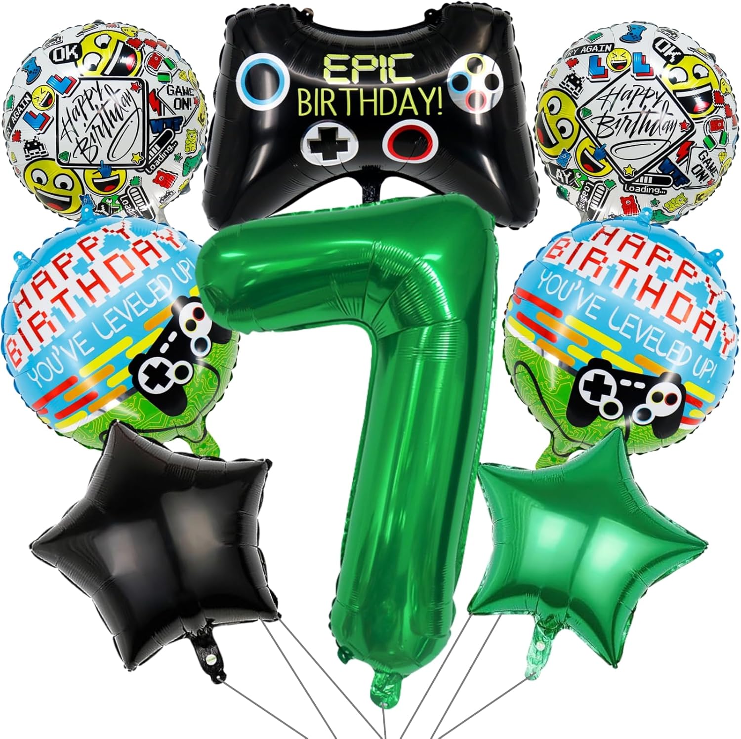 Los globos de fiesta de videojuegos incluyen globos de cumpleaños con controlador de juego, globo verde de aluminio del número 7, globos redondos