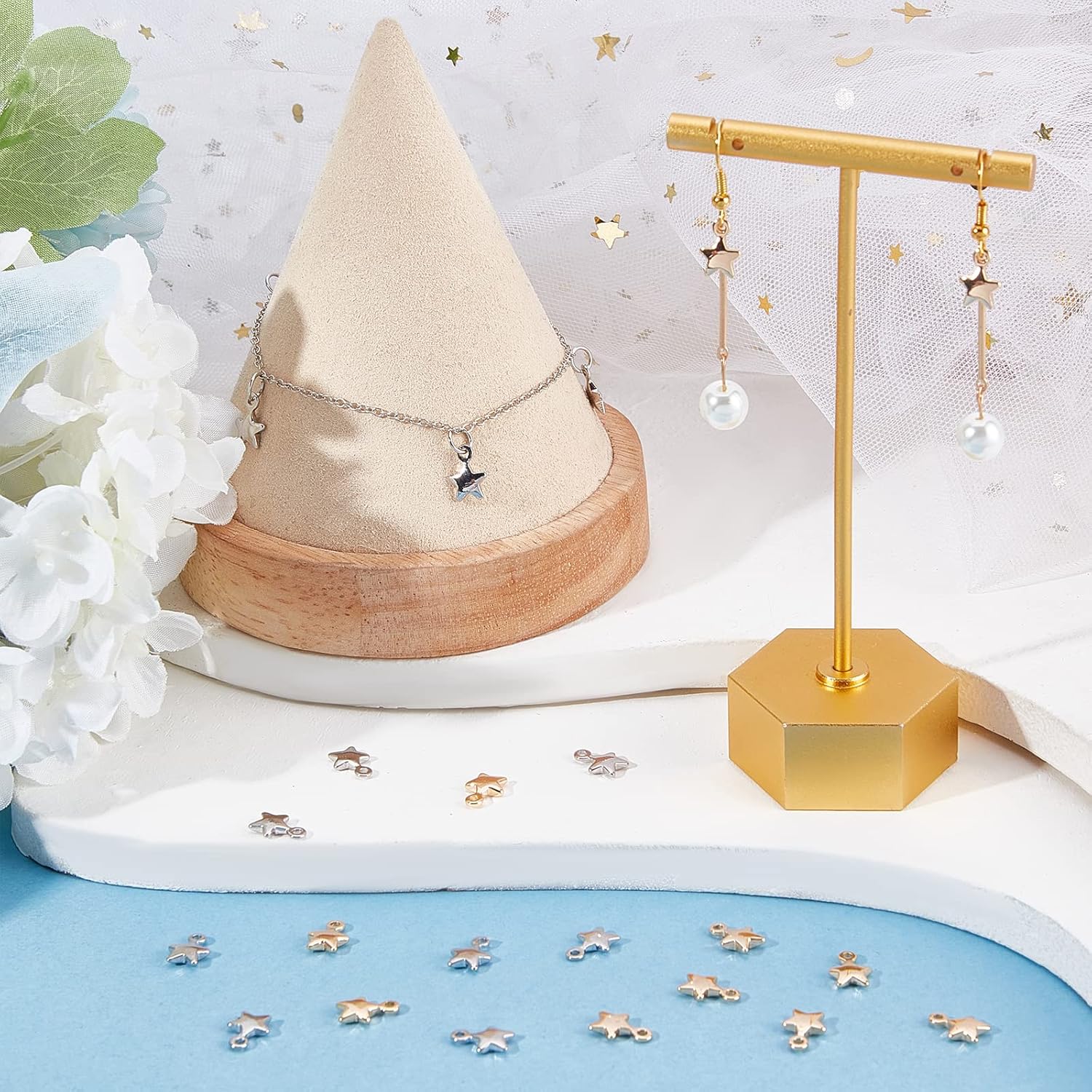 Beebeecraft 60 dijes colgantes de estrella chapados en oro y platino de 2 colores para manualidades y fabricación de joyas
