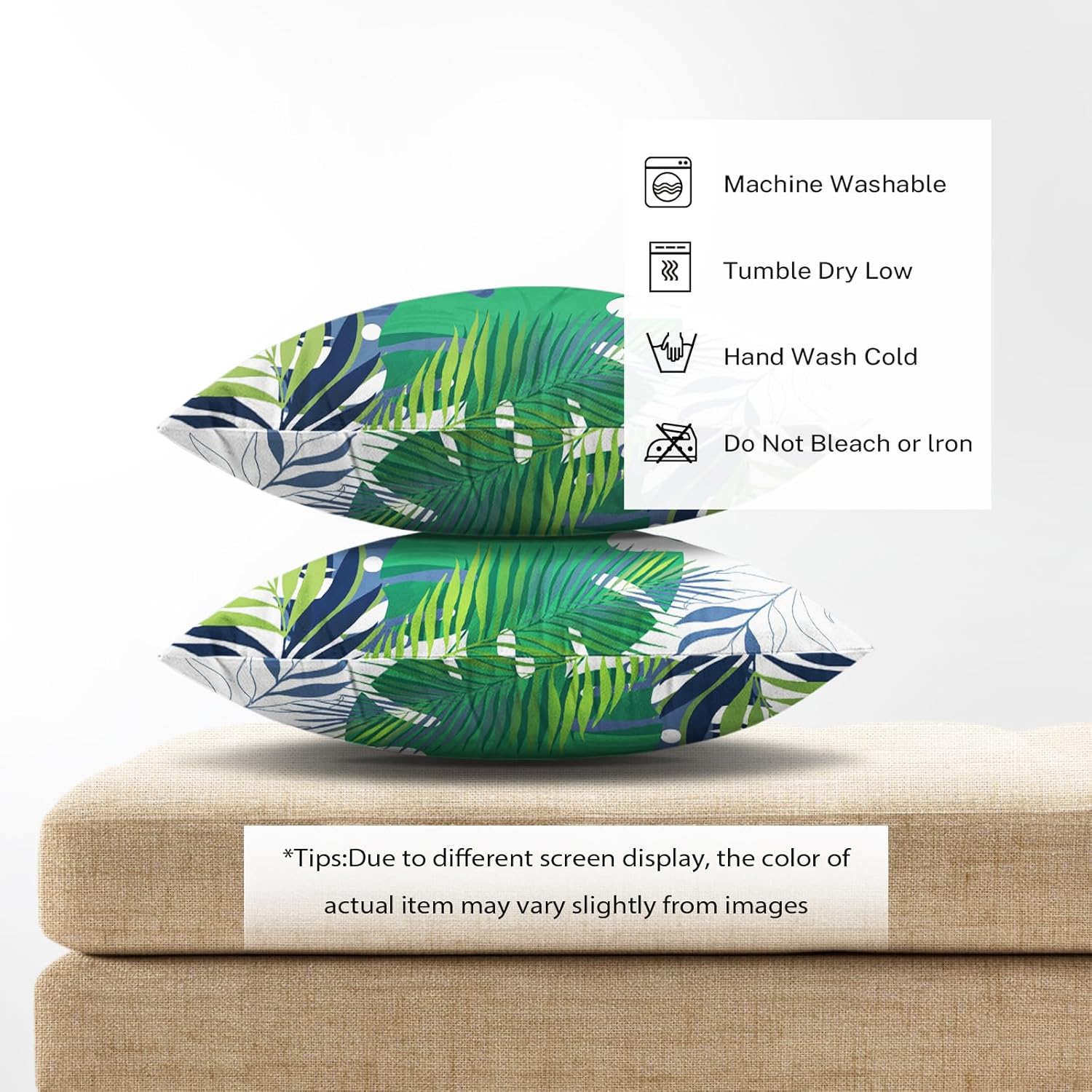 Juego de 2 fundas de almohada de hojas tropicales de 18 x 18 pulgadas, fundas de almohada decorativas de verano con hojas de palmera azul y verde,