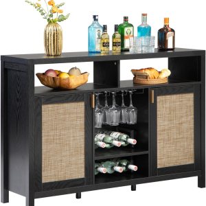 SICOTAS Gabinete de ratán para cafetería, aparador de 51 pulgadas con almacenamiento, armario moderno para licores con estantes para vino, mesa de SICOTAS Gabinete de ratán para cafetería, aparador de 51 pulgadas con almacenamiento, armario moderno para licores con estantes para vino, mesa de