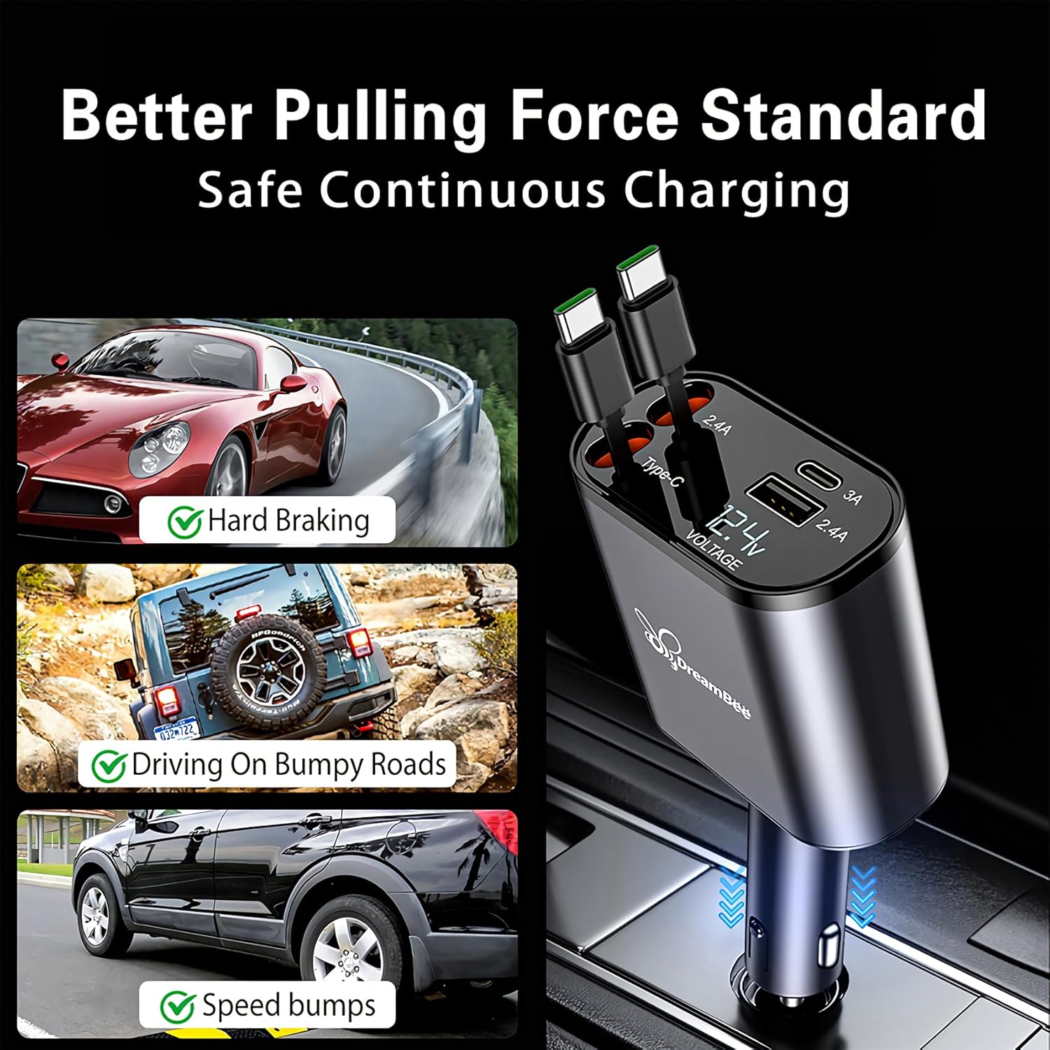 Retractable Car Charger,66W Super Fast USB Car Phone Charger,Dual TypeC Retractable Cables (31.5 inch) and 2 USB Ports Car Charger Adapter for