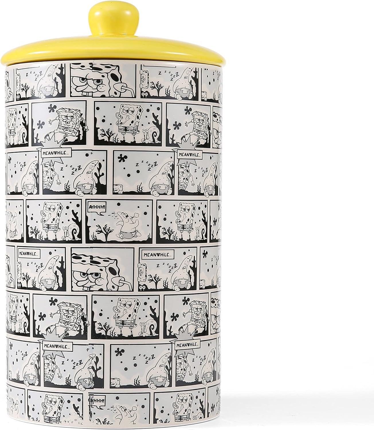 “Did Somebody Say Treats” – Tarro de cerámica para perros de 10 x 5 con tapa, apto para lavavajillas, Bob Esponja, cilindro amarillo para