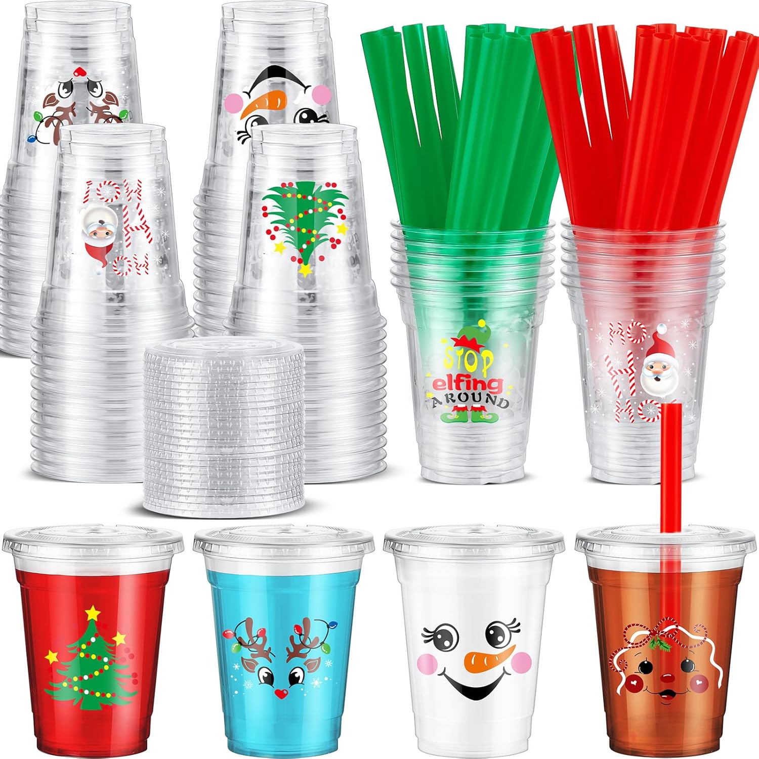 Zhehao Juego de 50 vasos de plástico de Navidad transparentes desechables a granel con tapas y pajitas, Papá Noel, muñeco de nieve, árbol de