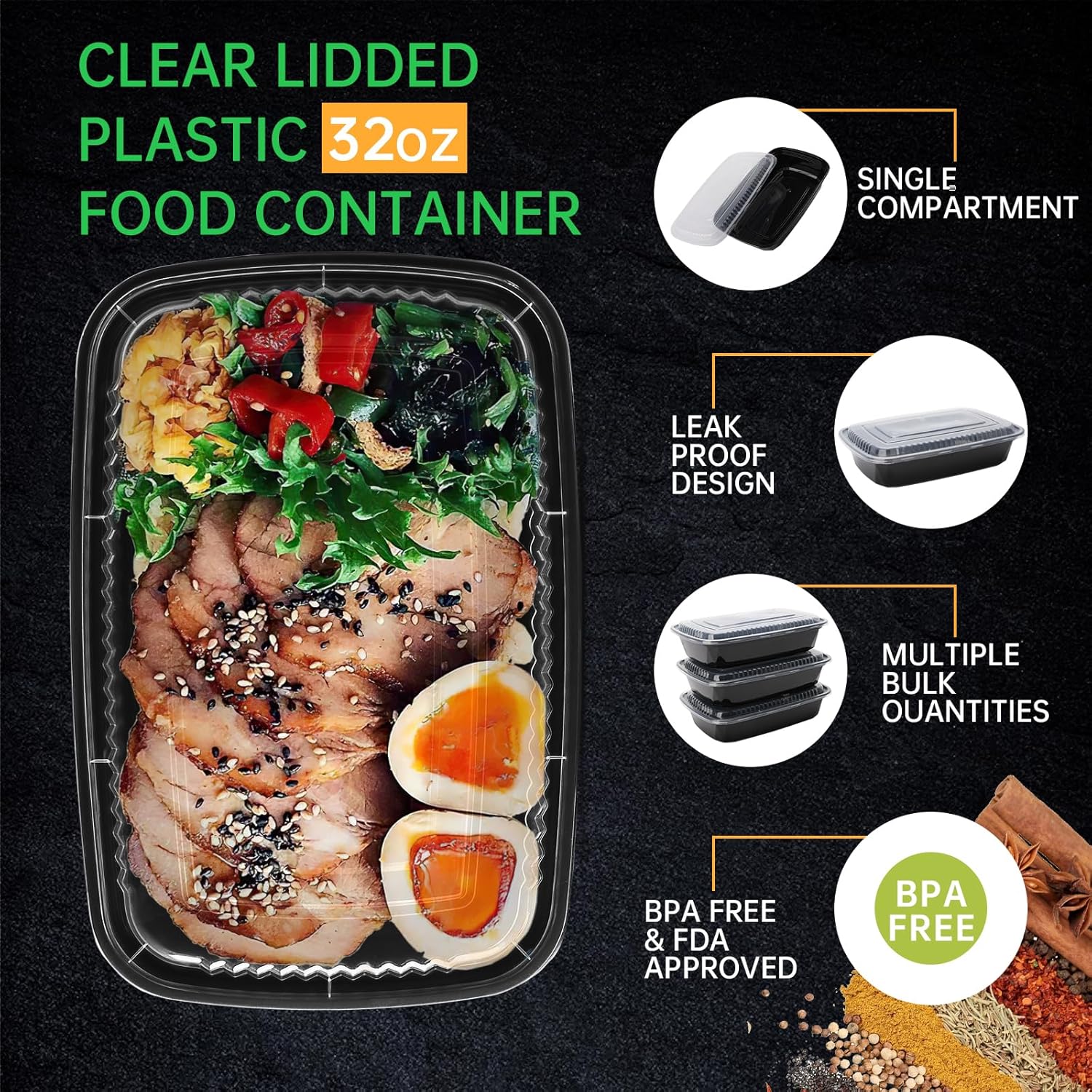 WUHUIXOZ Contenedor de preparación de comidas, paquete de 100 recipientes de almacenamiento de alimentos de 32 onzas con tapas, caja Bento