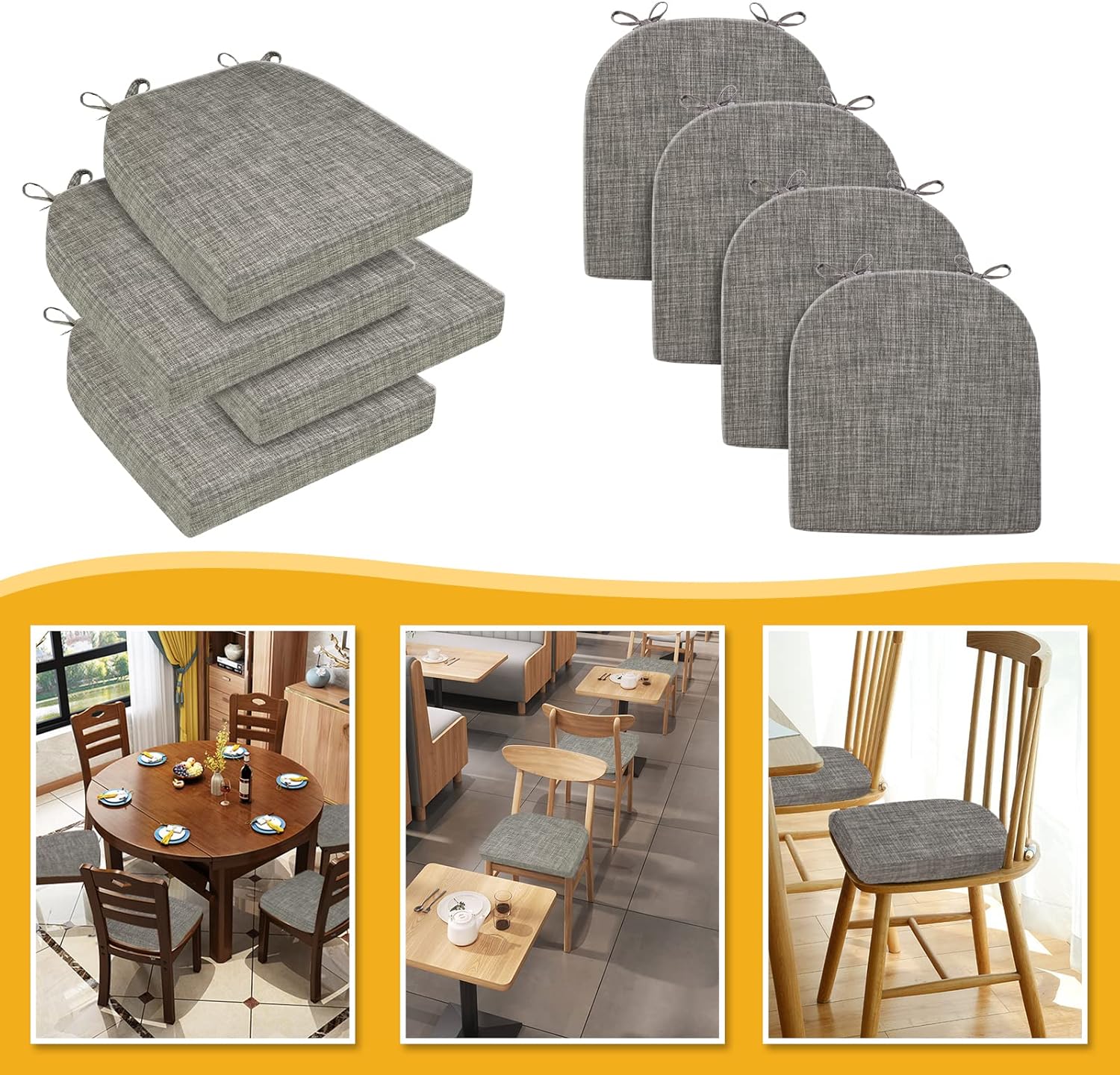 Cojines para sillas de comedor, 17 x 16 x 2 pulgadas, cojines de asiento para sillas de cocina con lazos y funda lavable, cojines para sillas de