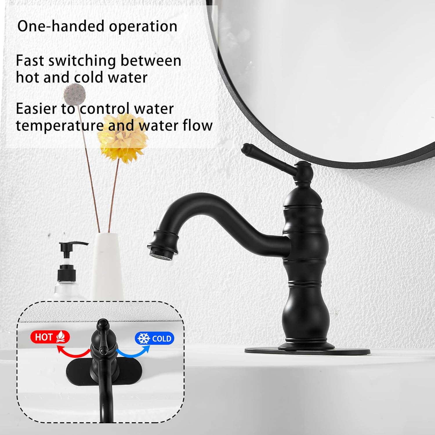 GGStudy – Grifo de baño negro mate giratorio de 360, grifo de tocador de baño de una sola manija, un agujero, grifo de lavabo de baño negro a juego