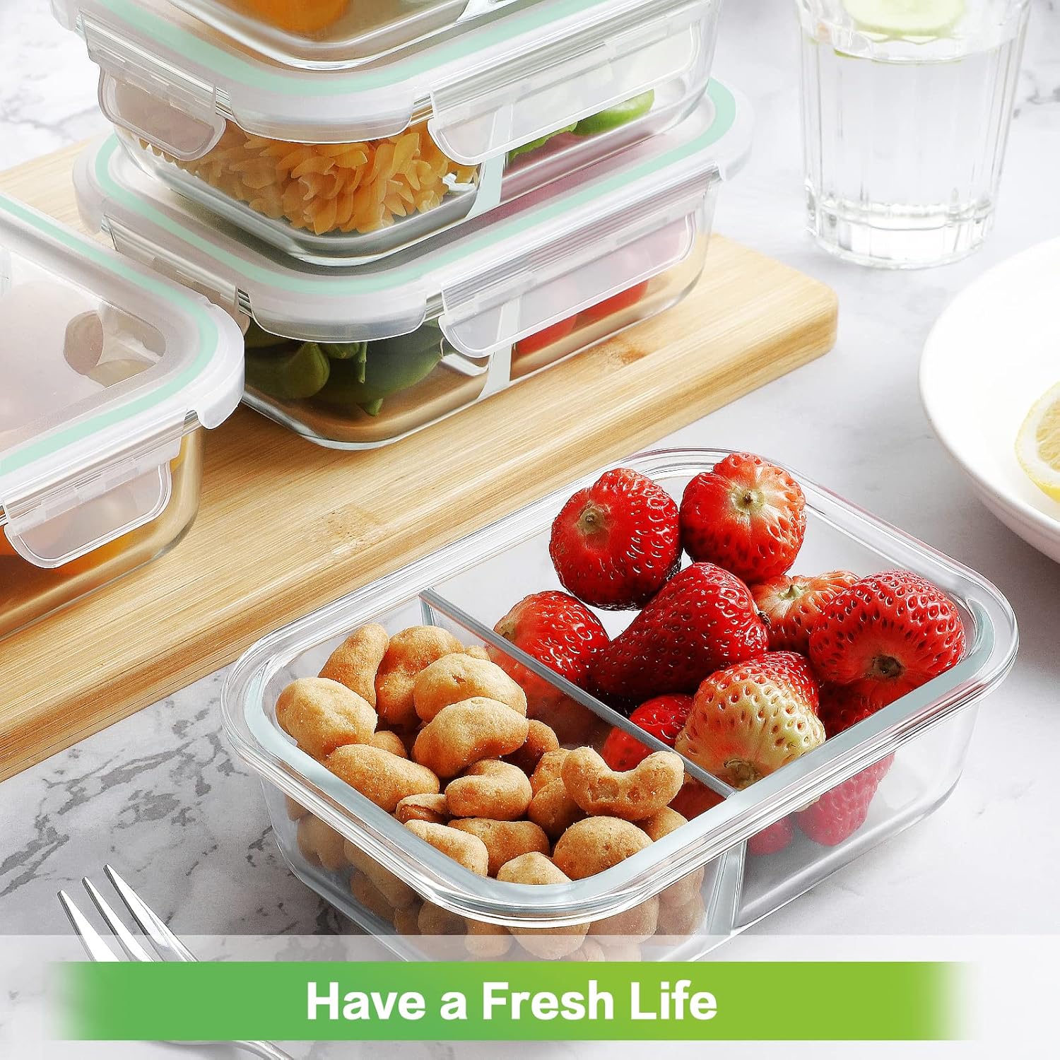 Paquete de 10 recipientes de vidrio para preparación de comidas, 2 compartimentos, recipientes de vidrio para almacenamiento de alimentos con tapas,