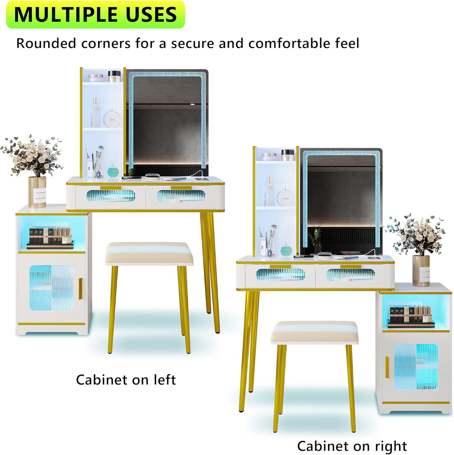HNEBC Escritorio de tocador con espejo y luces, juego de tocador blanco con USB B & tipo C y carga inalámbrica, tocador de maquillaje con