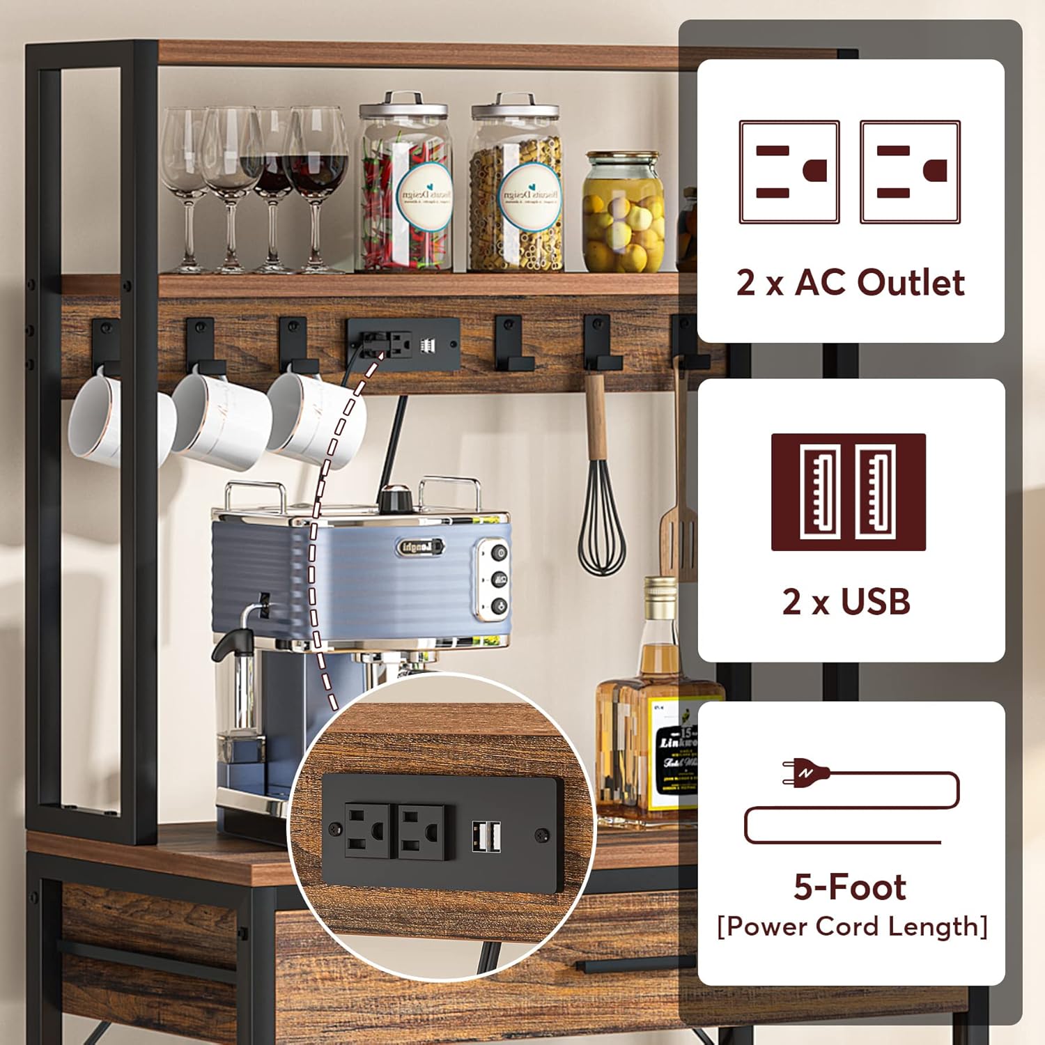 Tribesigns Estante para hornear de cocina con tomas de corriente, soporte para horno microondas de 5 niveles con cajón y estantes deslizantes, barra