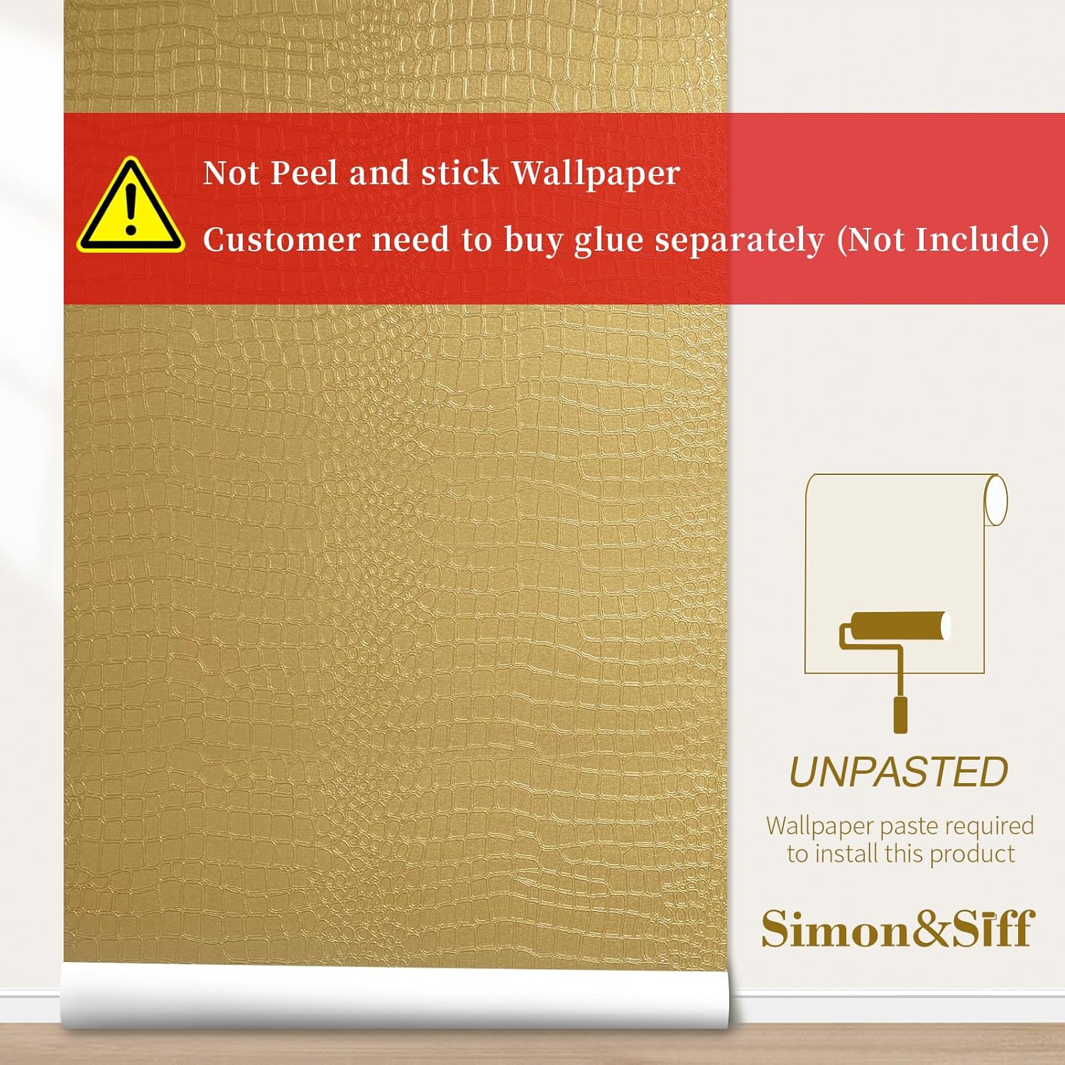 Simon&Siff Papel tapiz dorado texturizado de cocodrilo, papel tapiz moderno dorado de lujo para dormitorio y baño, 17.3 x 472 pulgadas, papel tapiz