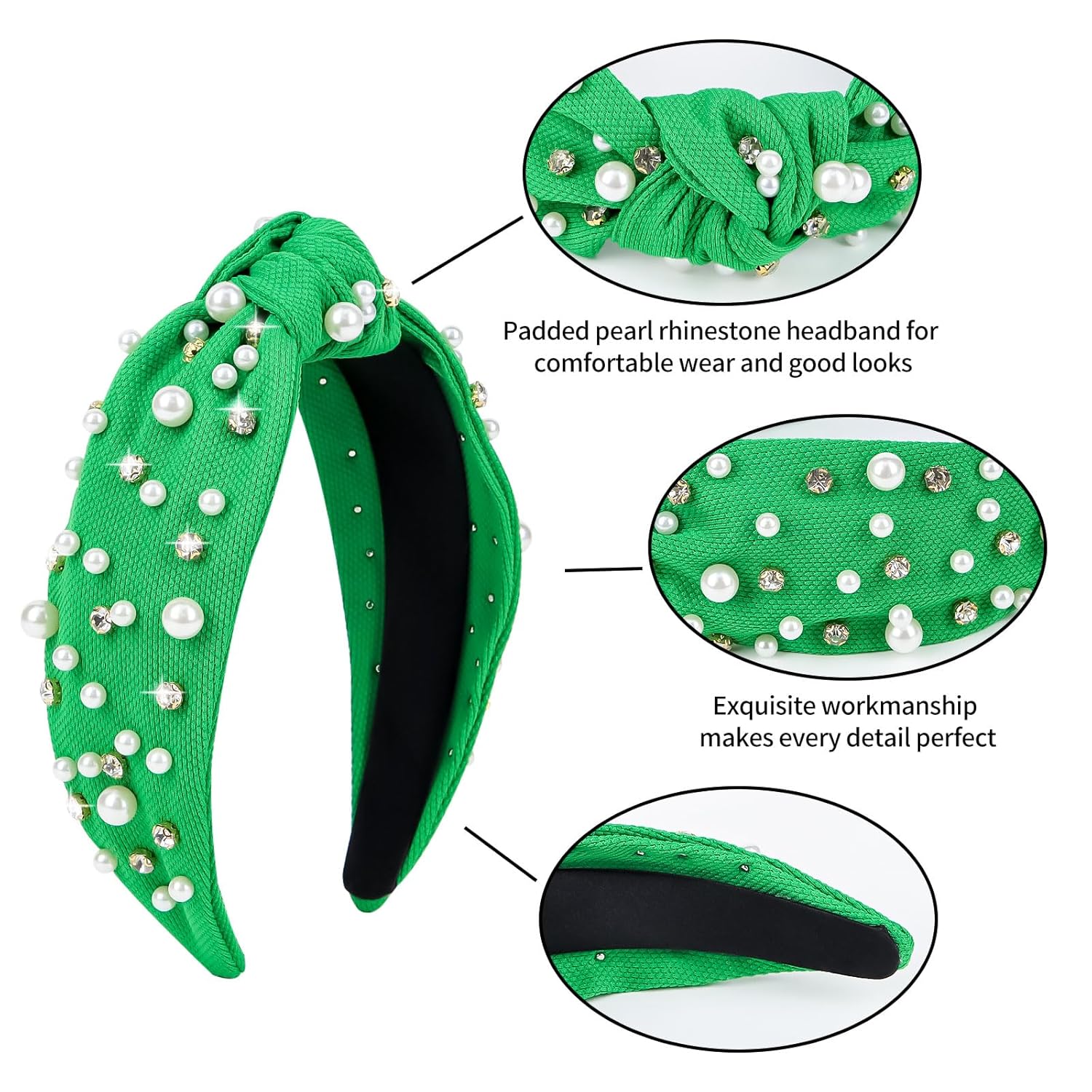 Jaciya Diademas de perlas para niñas, diademas de diamantes de imitación para mujer, diadema ancha anudada verde para mujer, diadema con cuentas