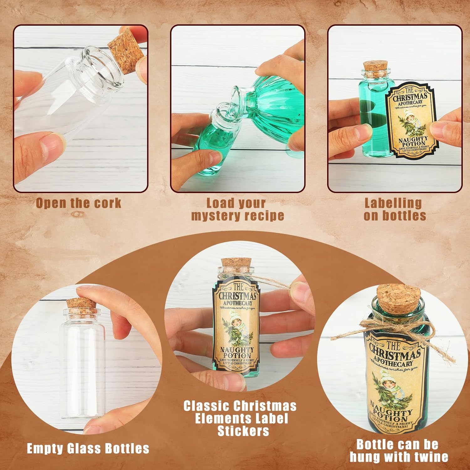 El juego de 49 botellas de poción de Navidad incluye 24 botellas de vidrio de 1 onza  1.0 fl oz con tapones de corcho, pequeños frascos de vidrio,