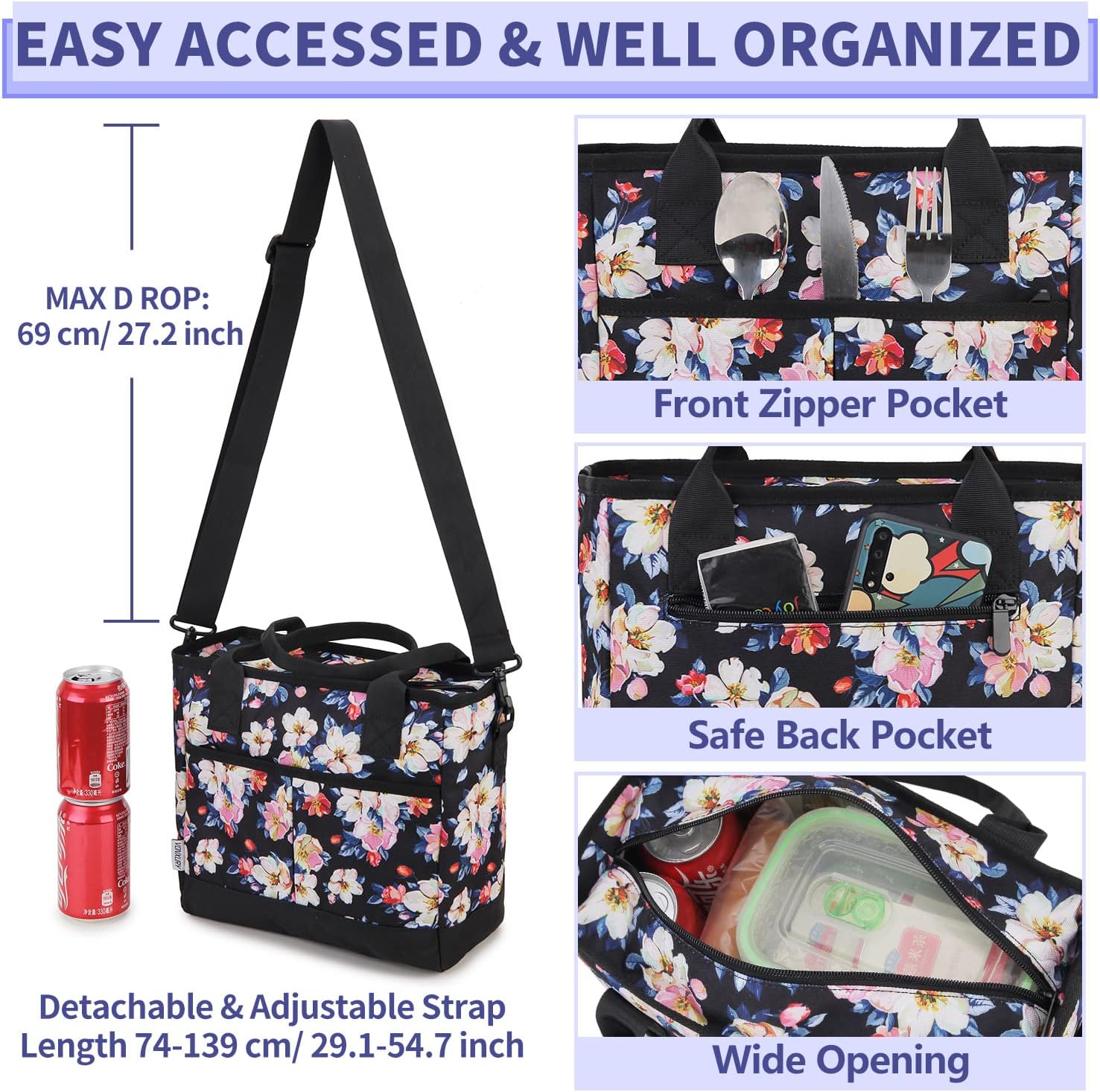 VONXURY – Lonchera térmica para mujer, bolsa de almuerzo grande de alta capacidad con correa de hombro desmontable para el trabajo, universidad,