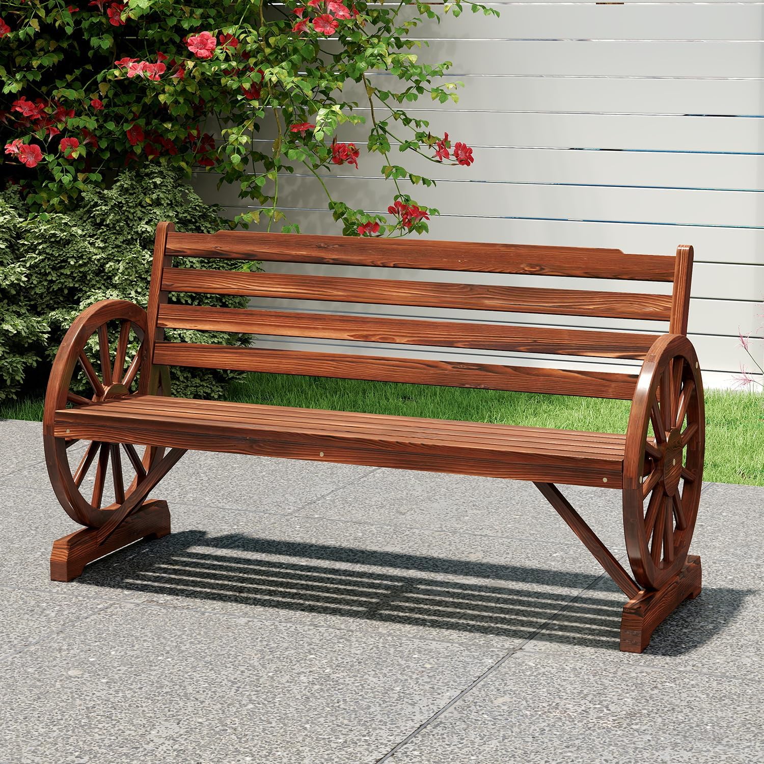 kinbor Banco rústico de madera de 55 pulgadas, asiento de banco para exteriores, banco para 2 personas con respaldo
