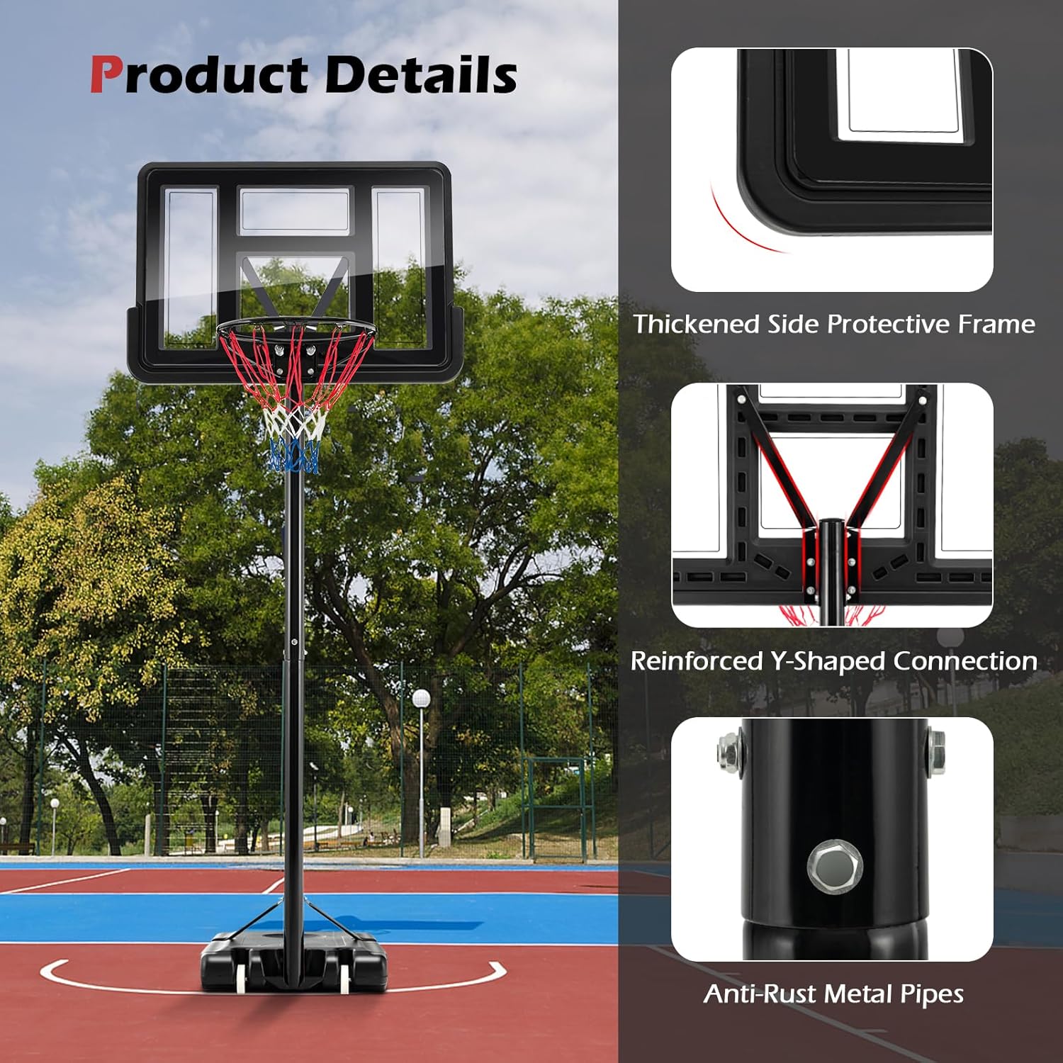 GYMAX Aro de baloncesto para exteriores, sistema de portería de baloncesto portátil ajustable de 4.25 a 10 pies, tablero trasero inastillable de 44