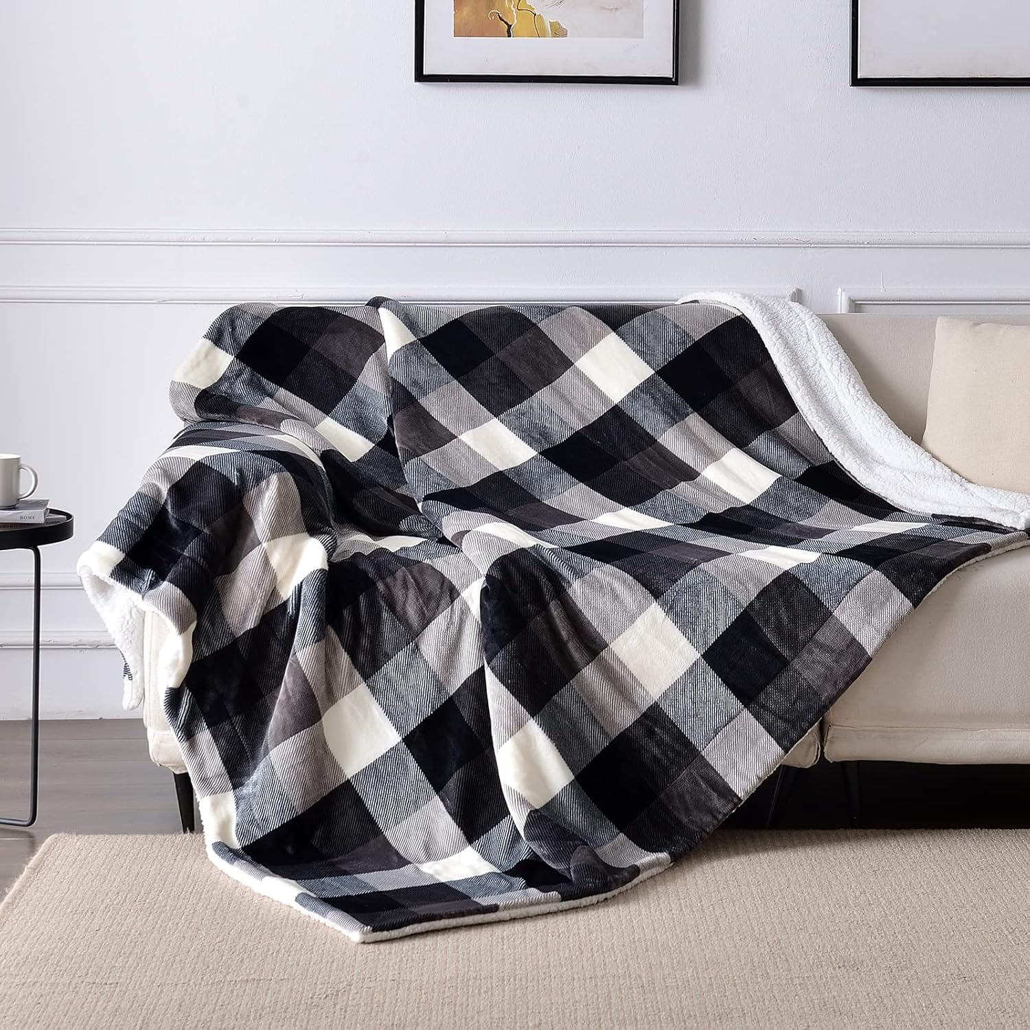 SOCHOW Manta de forro polar, de lana cuadriculada, doble cara, supersuave y lujosa manta de cama de 60 x 80 pulgadas, color negroblanco