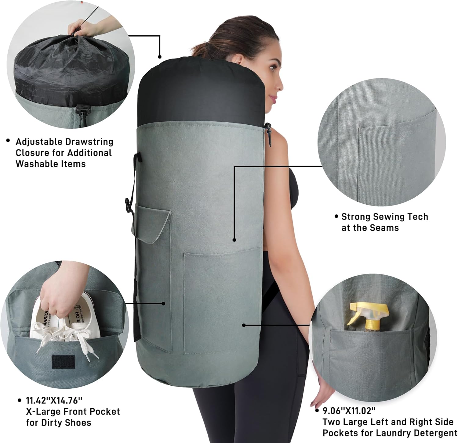 Caroeas Mochila de lavandería de 125 litros, bolsas de lavandería extra grandes con correas para el hombro, mochila duradera con 4 bolsillos, bolsa