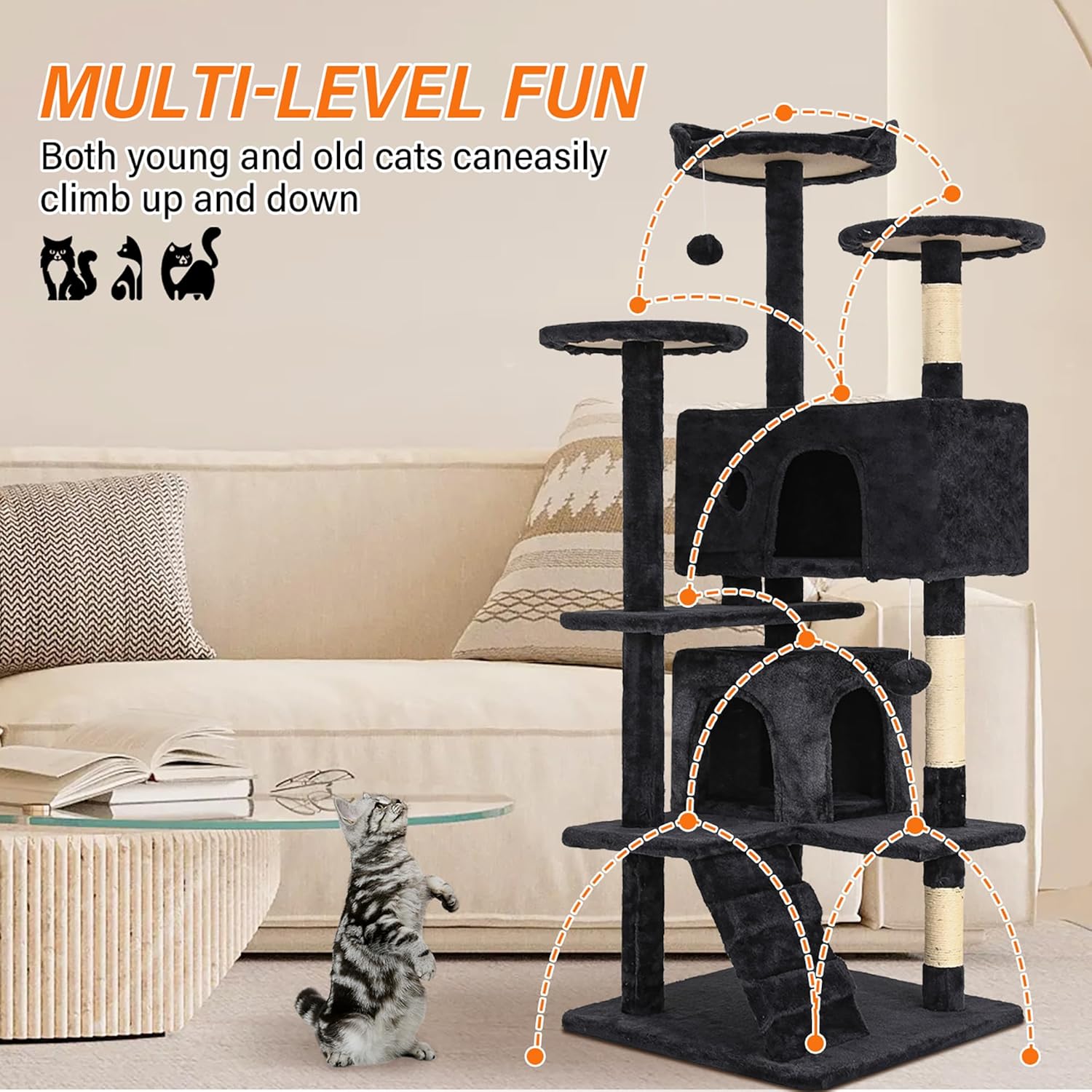 247 Shop at Home Court – Torre de árbol para gatos de interior de 54 pulgadas, varios niveles con postes rascadores para gatos, casa de pie para