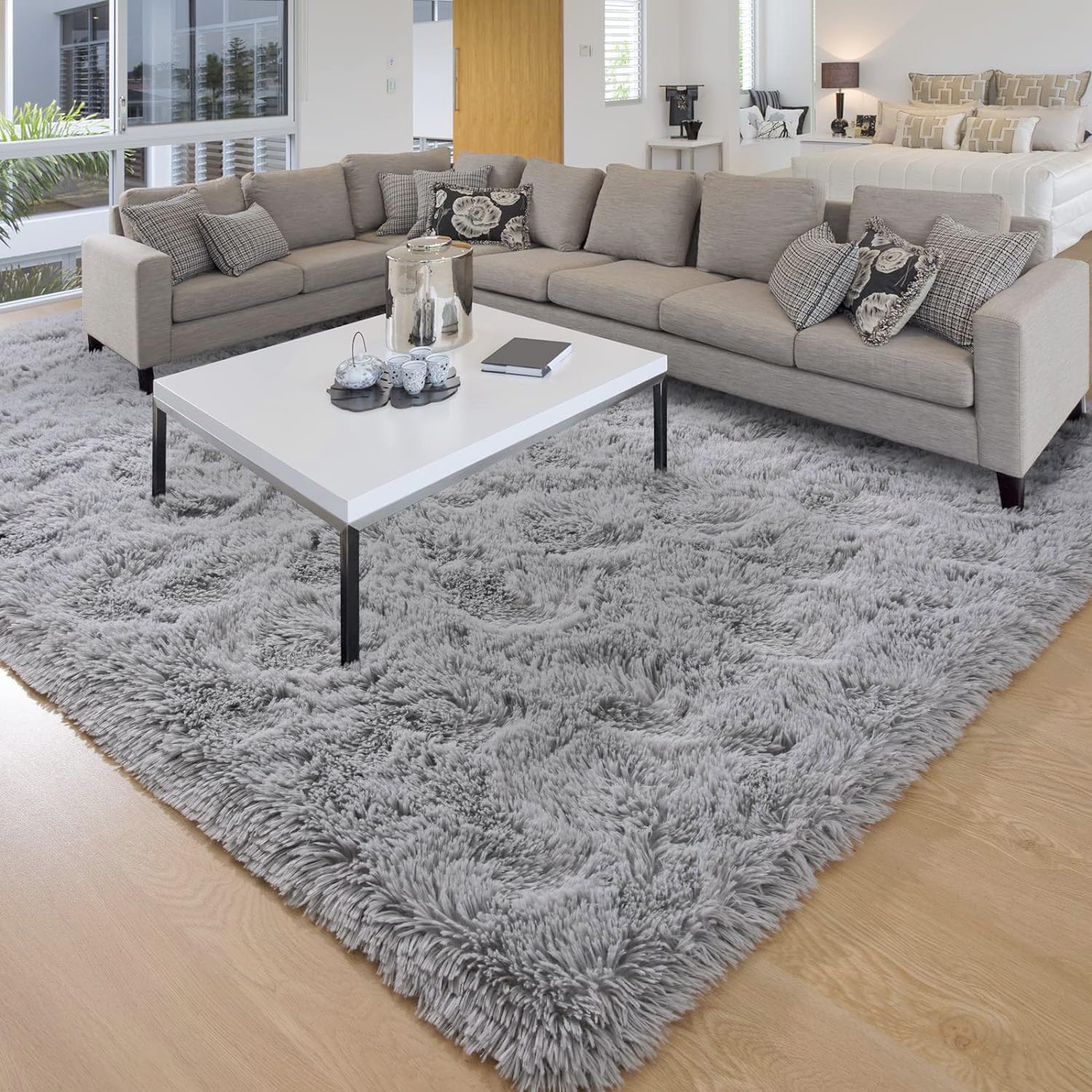 Alfombra suave de pelo largo para dormitorio, sala de estar, 4 x 6 pies, alfombra de felpa gris, alfombra gruesa y larga mullida para interiores,