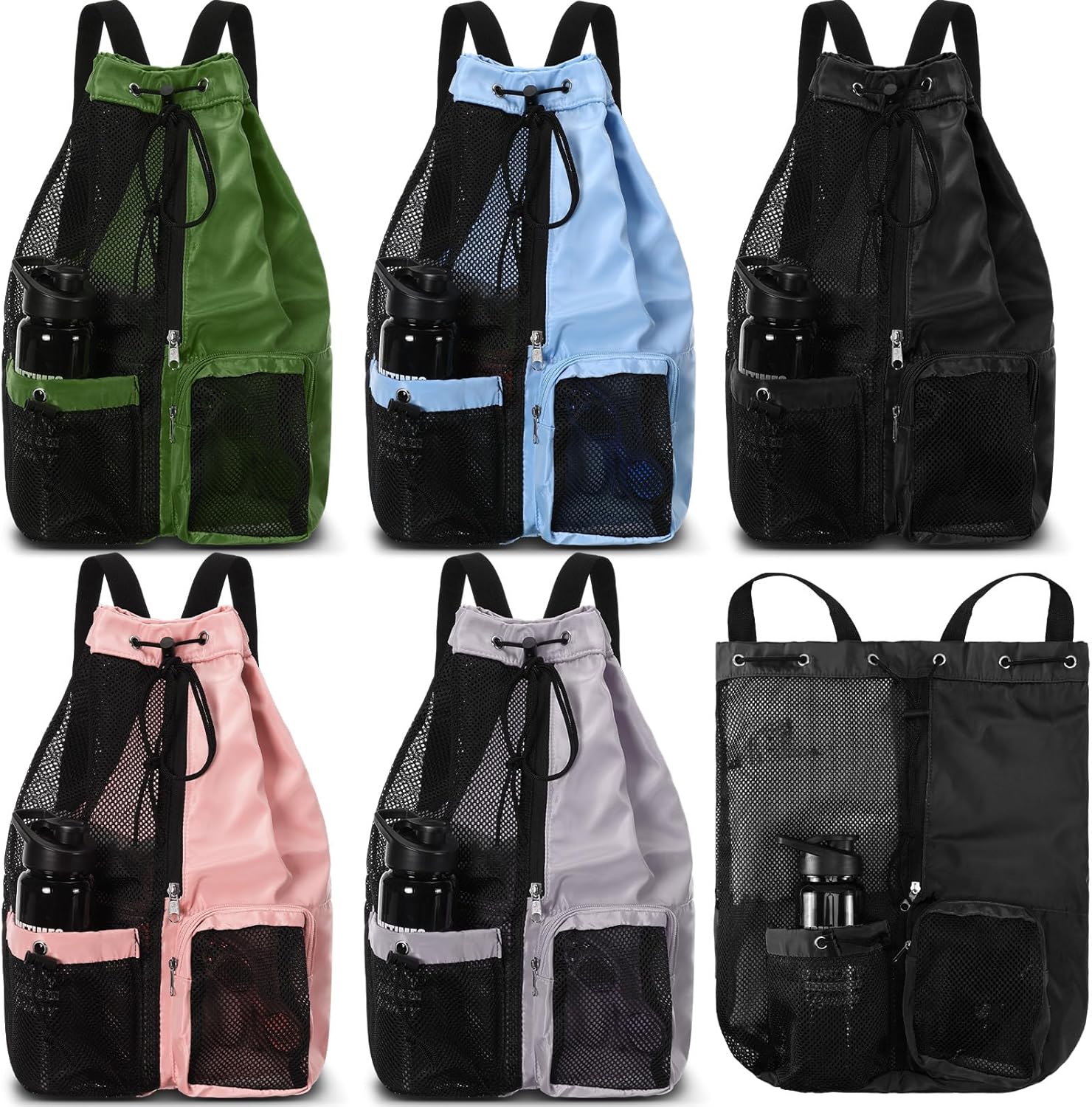 Mochila de malla con cordón de 5 piezas, con bolsillo húmedo, bolsa de gimnasio de malla ligera, mochila de playa para mujeres y hombres, piscina,