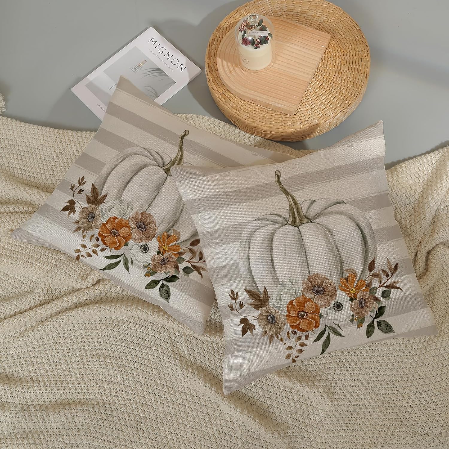 Fundas de almohada de otoño de 18 x 18 pulgadas, paquete de 2 fundas de almohada decorativas de otoño con flores y rayas, funda de cojín decorativa