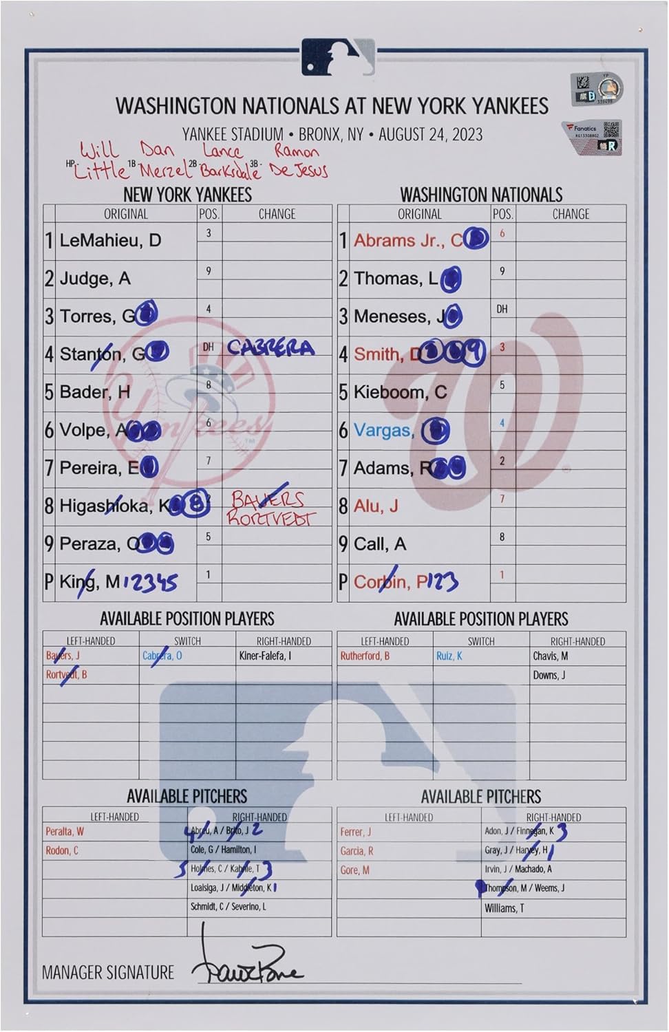 New York Yankees Game-Used Lineup Card vs. Washington Nationals on August 24, 2023 – Everson Pereira First Career Hit – MLB Game Used Lineup Cards