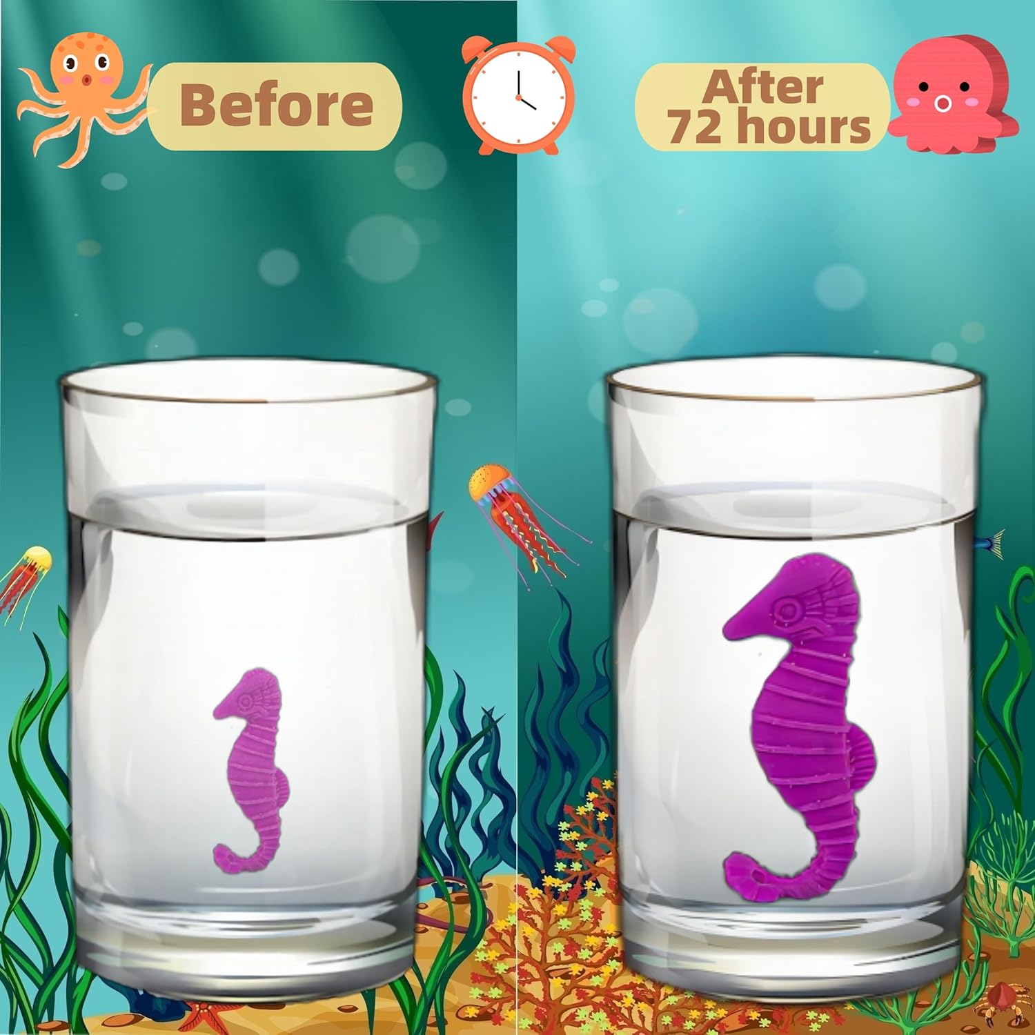 LilyBeauty Criaturas marinas que crecen en el agua, paquete de 50 animales marinos, recuerdos envueltos individualmente, juguete de animales