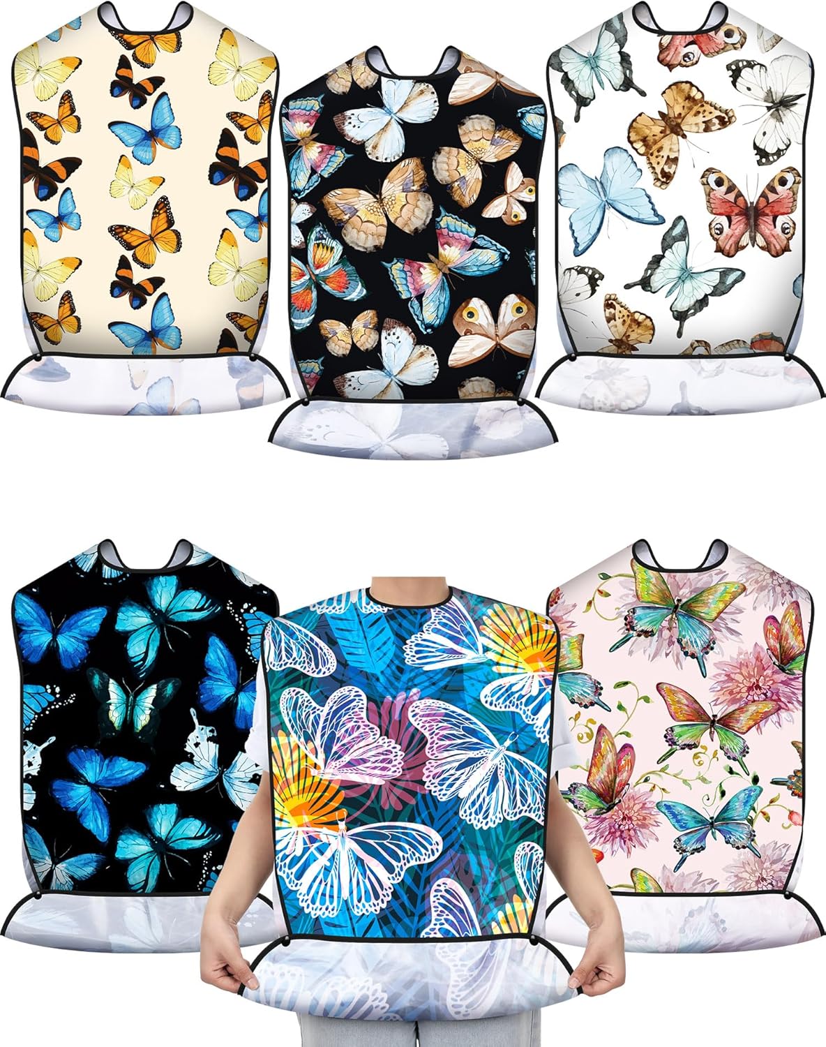6 baberos para adultos para comer con atrapa migas, lavable, babero para comer flores, mariposas, reutilizables, impermeables, protectores de ropa