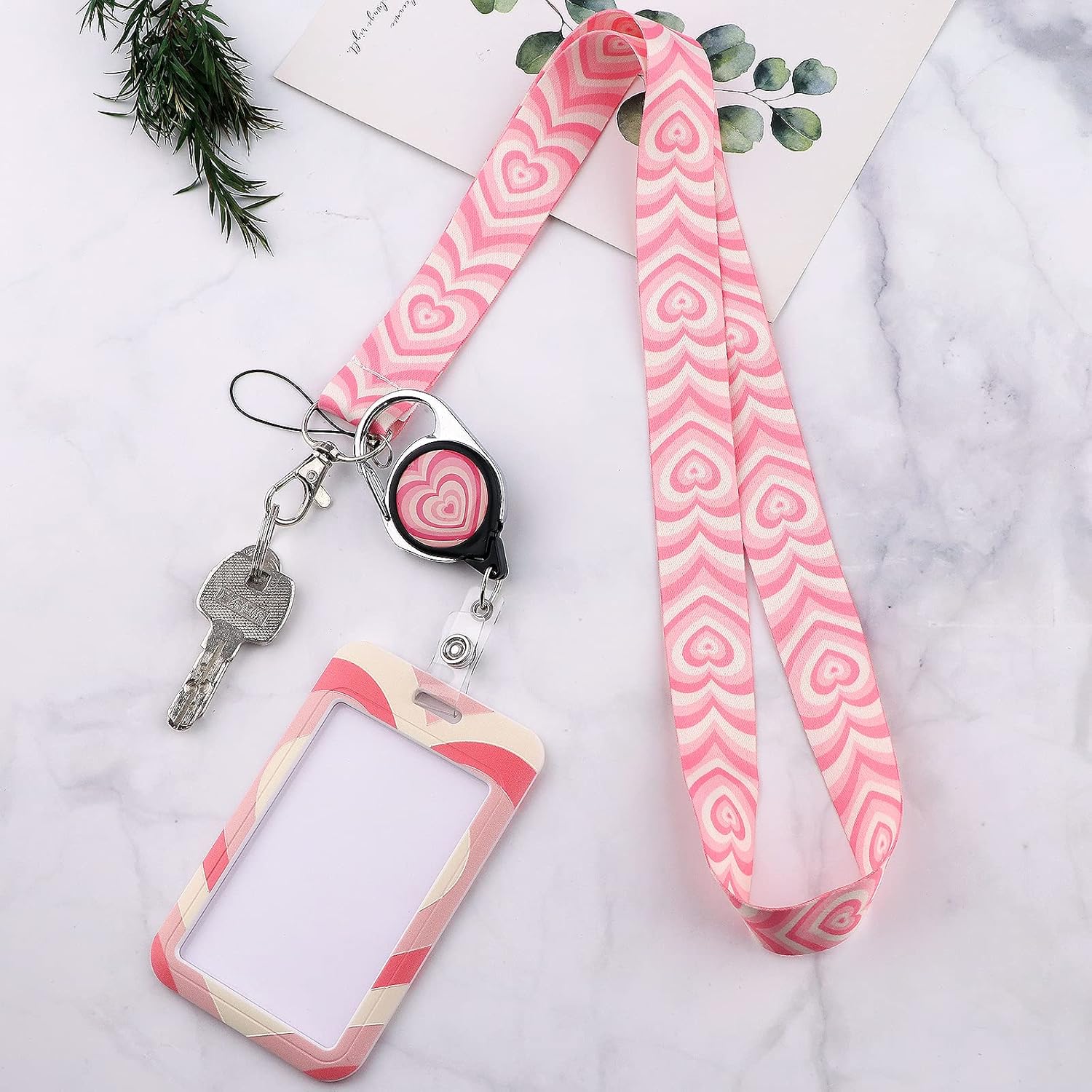 Soporte para tarjeta de identificación rosa con cordón, carrete retráctil con clip para cinturón, protector de manga de identificación vertical para