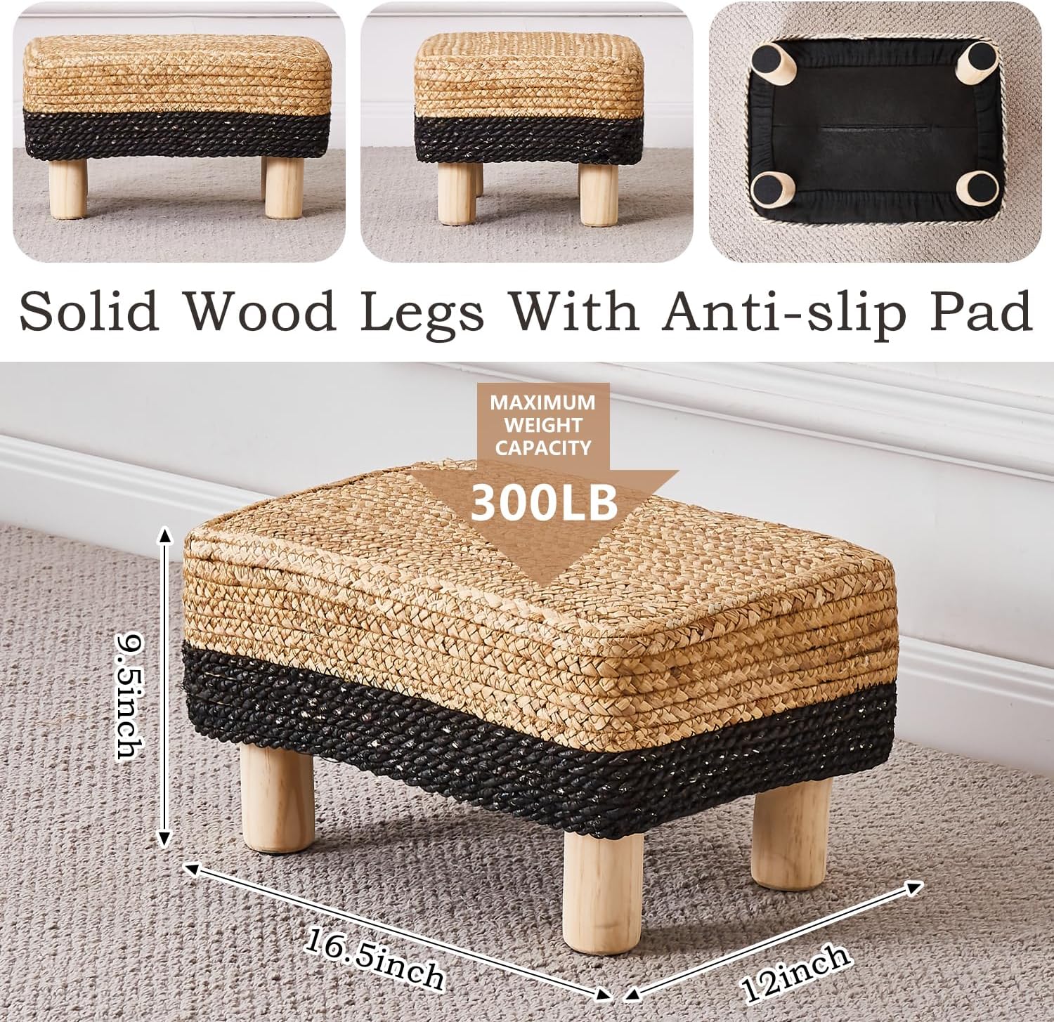 Cpintltr Taburete otomano rectangular, reposapiés, otomano, reposapiés natural de algas marinas con patas de madera, taburete tejido a mano para