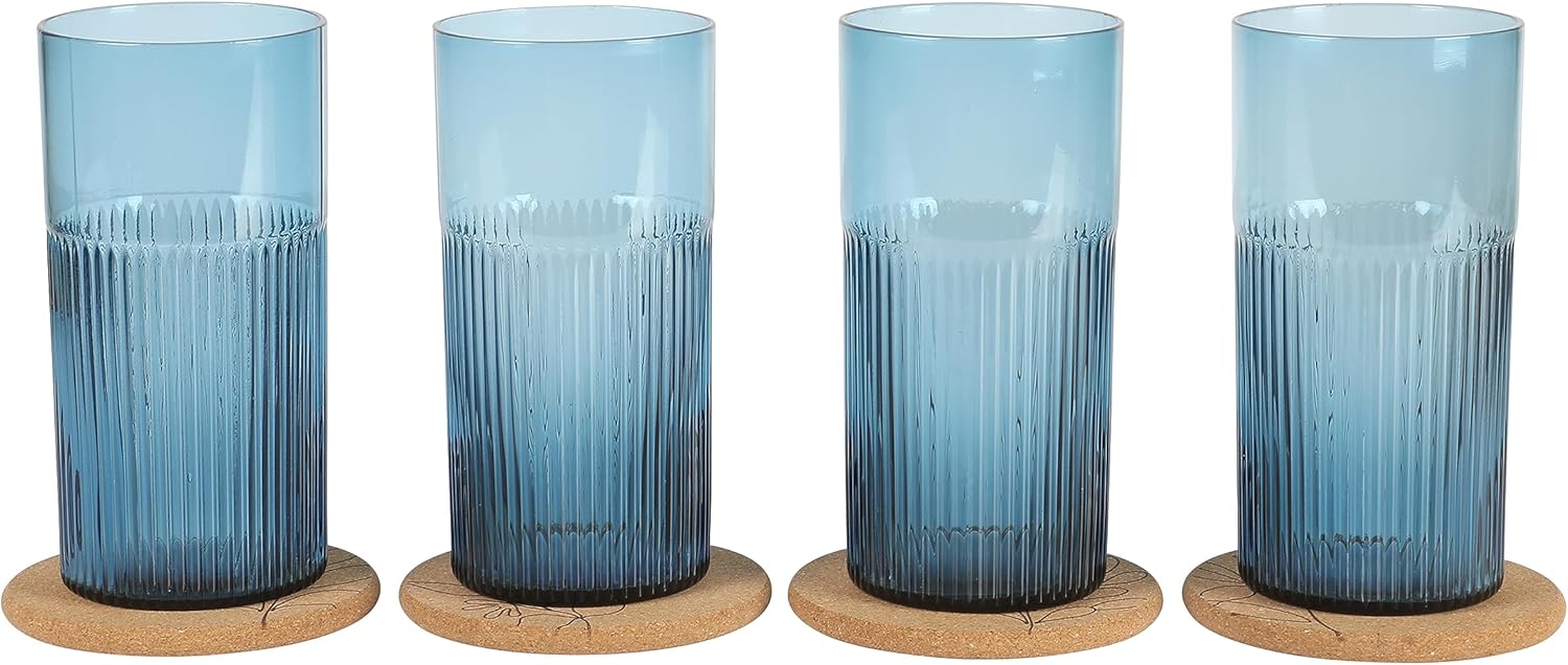 Bloomhouse Lyon Sky – Juego de 8 vasos de cristal de color azul lapislázuli hecho a mano de 18 onzas con posavasos