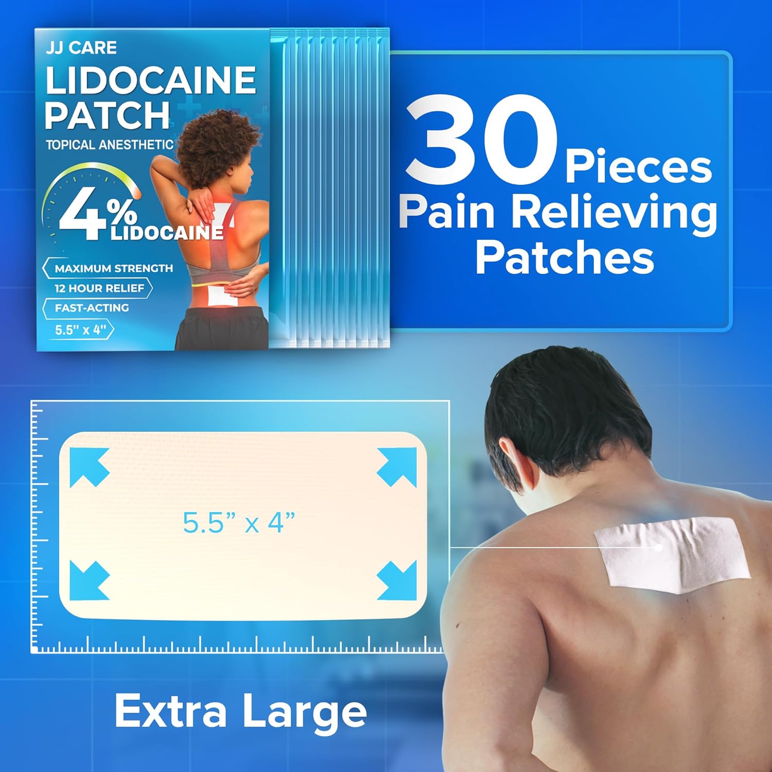 JJ CARE Parches de lidocaína paquete de 30, parches para el dolor de lidocaína al 4 % de máxima fuerza, parches de alivio del dolor de espalda de
