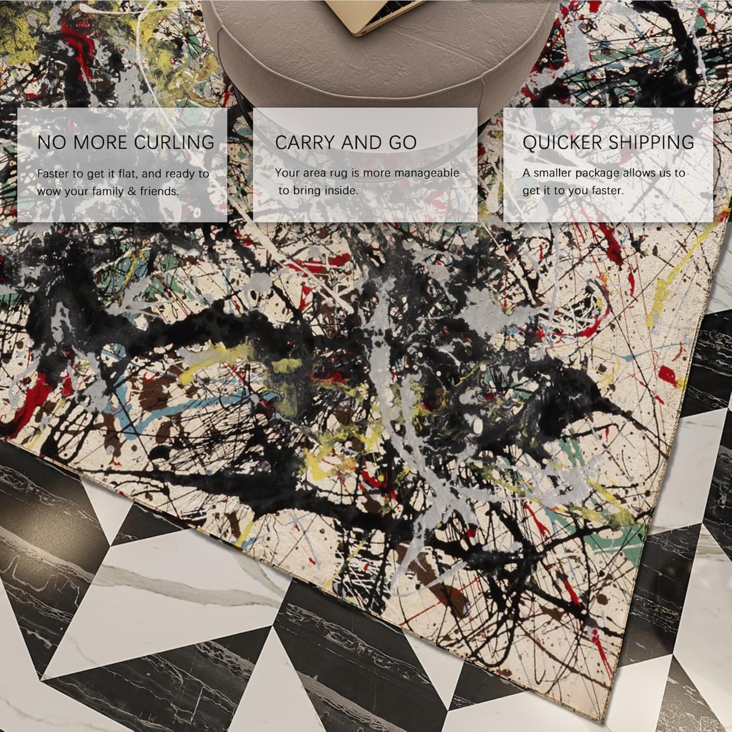 CIHCOHOME Jackson Pollock – Alfombra abstracta moderna para sala de estar, dormitorio, comedor, oficina en casa, con respaldo de goma, decoración de