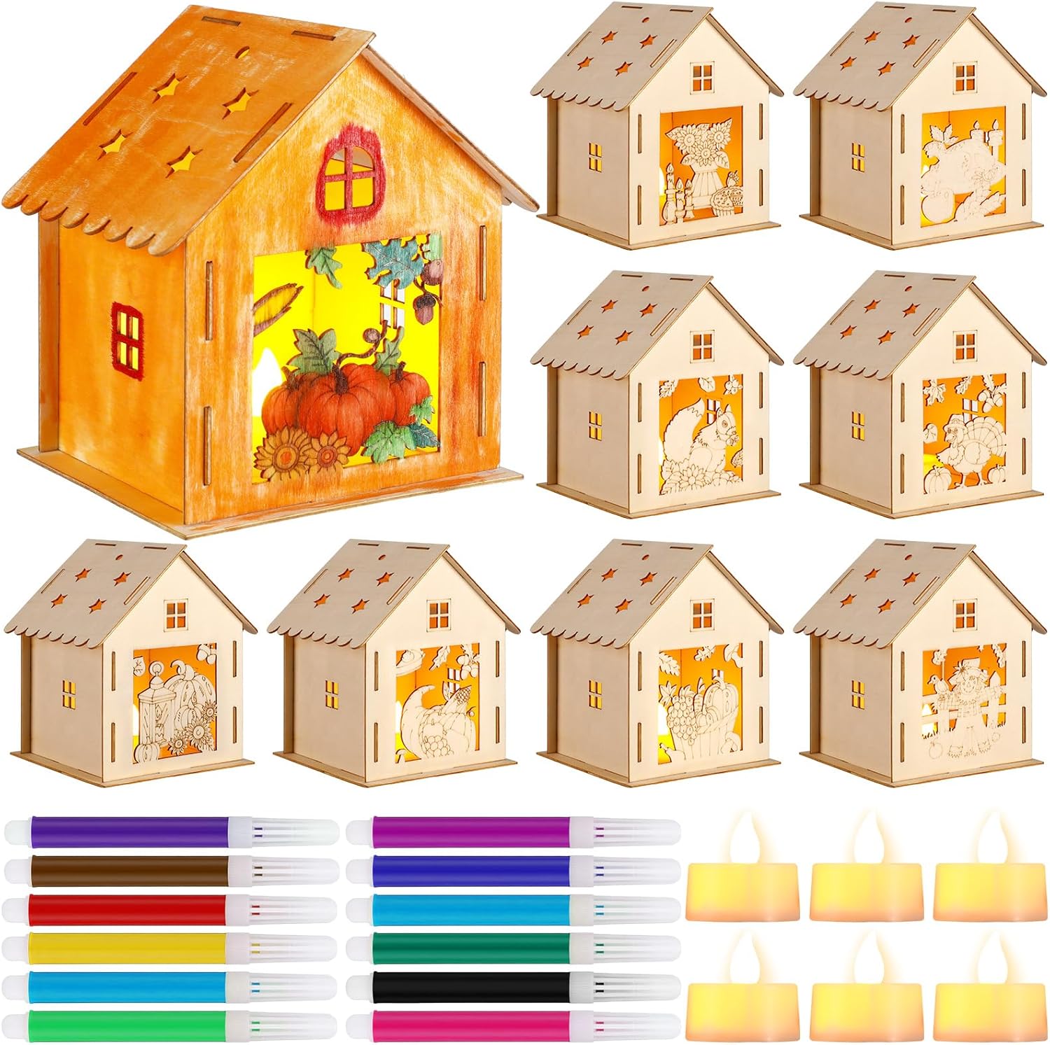 Soaoo 9 juegos de casas de madera de Acción de Gracias para manualidades con 12 bolígrafos de acuarela y 9 piezas de velas de té a batería, kits de
