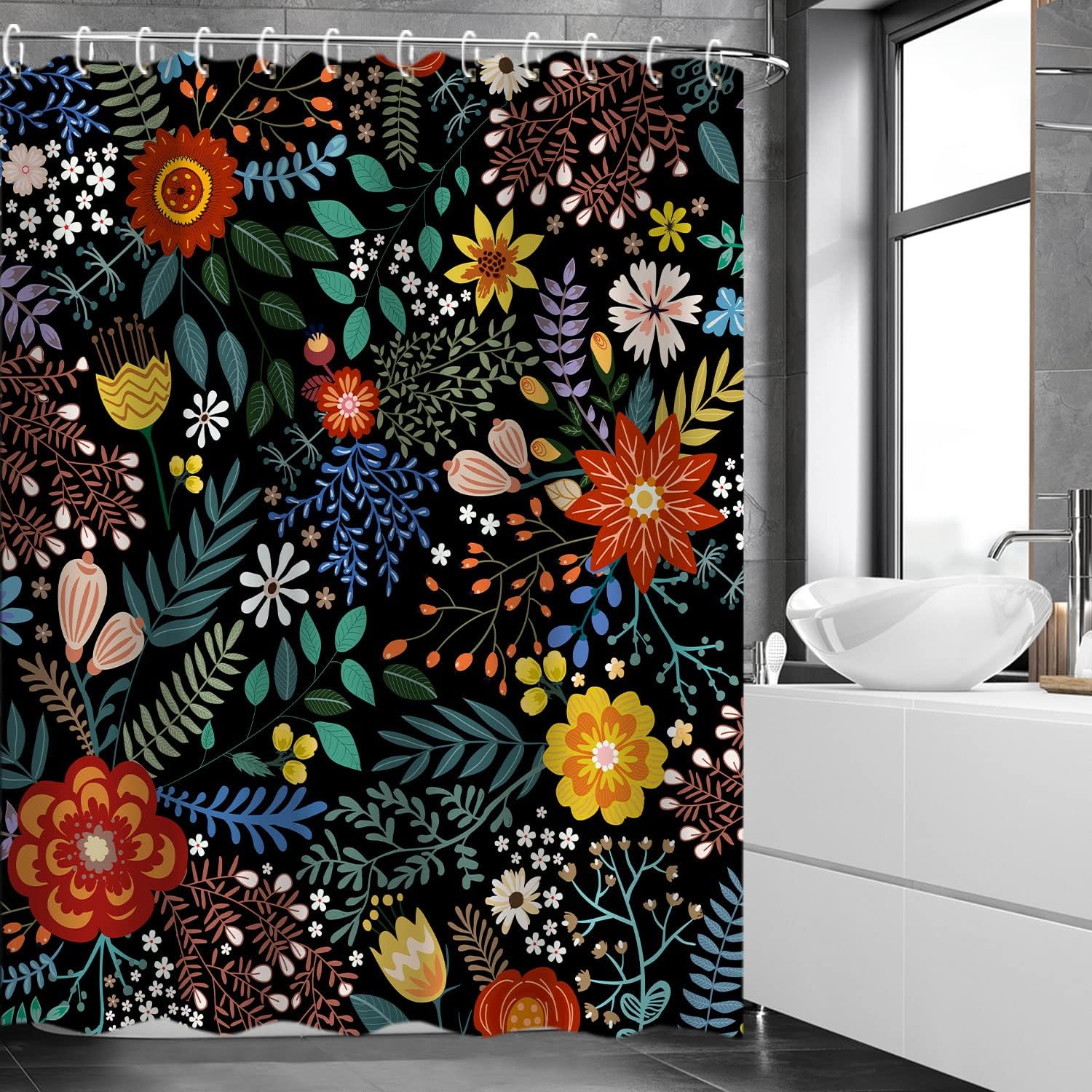 LIVILAN – Juego de cortina bohemia de color negro para duchabaño de flores coloridas, con 12 ganchos, de 72 pulgadas de ancho x 84 pulgadas de alto