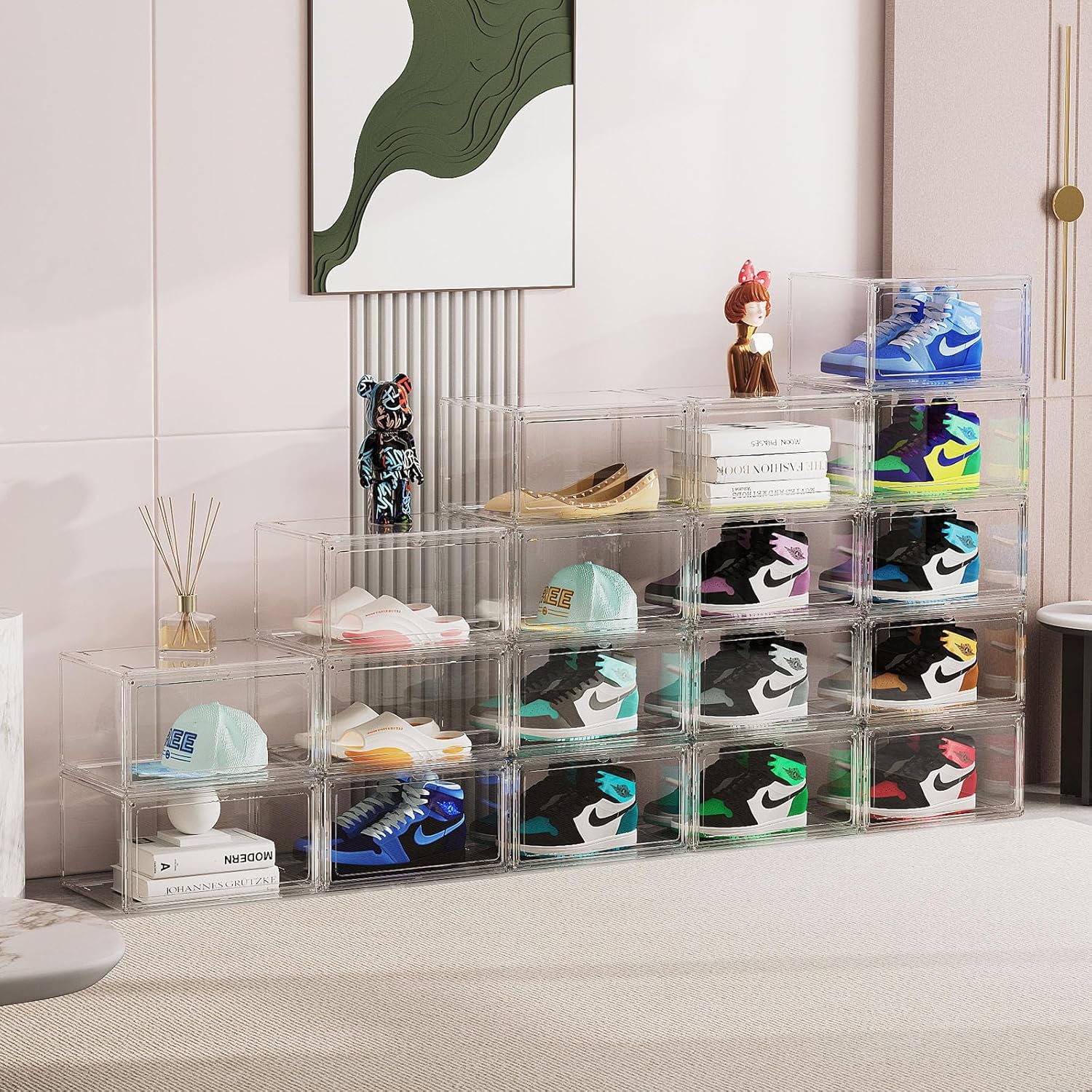 Cajas de zapatos transparentes de acrílico, cajas apilables para zapatos deportivos de alta gama, caja de exhibición 360 totalmente transparente con