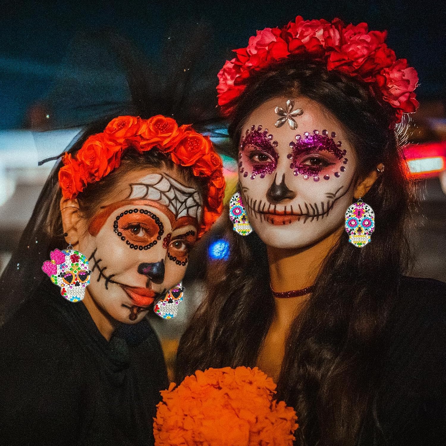 Juego de 10 pares de aretes de diamantes 5D con forma de calavera para el Día de los Muertos, pintura de diamantes para mujeres, México, aretes de